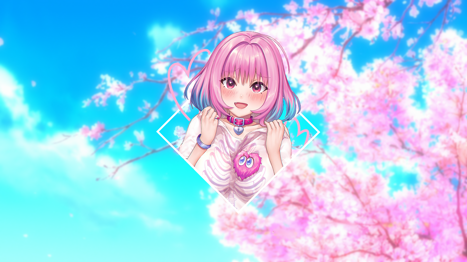 Anime 1920x1080 anime anime girls cherry blossom necklace pink hair picture-in-picture Riamu Yumemi THE iDOLM@STER: Cinderella Girls cyan pink