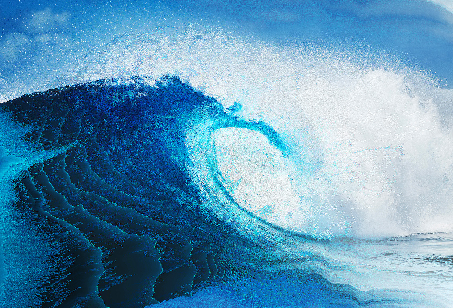 General 1920x1306 glitch art waveforms sea waves pixel sorting cyan blue digital art