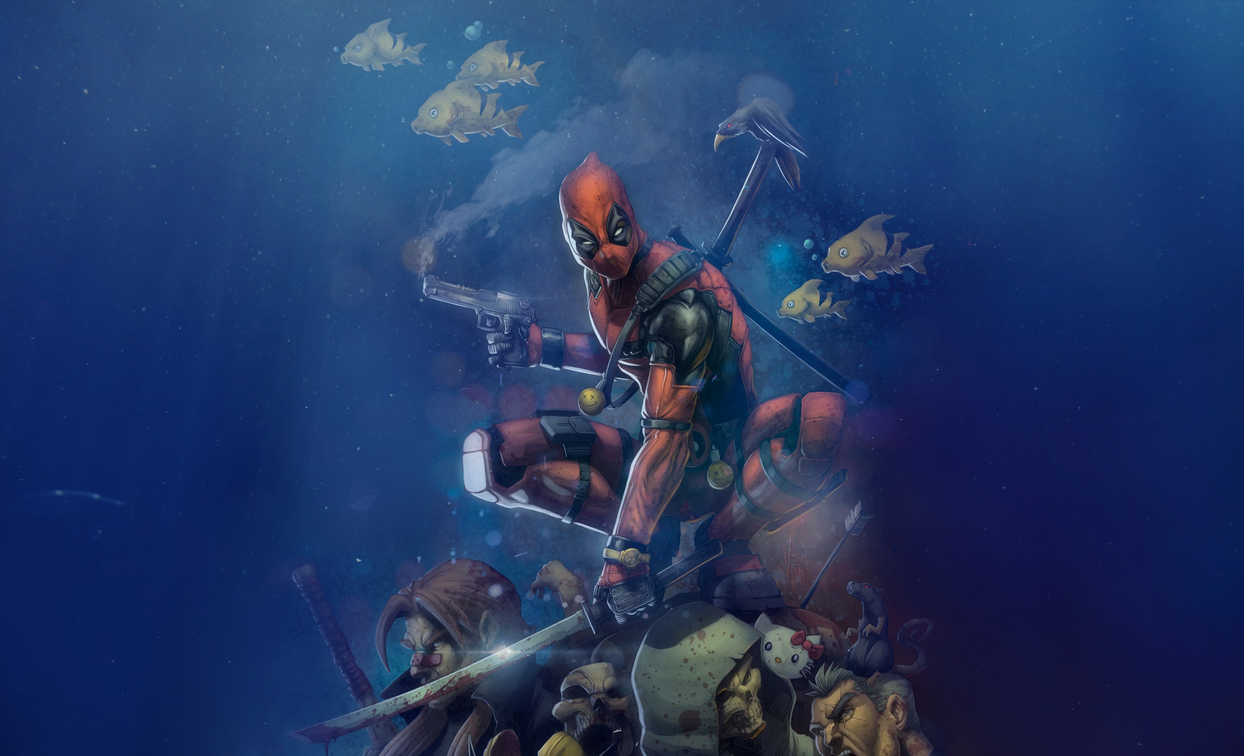 General 2560x1557 artwork underwater Deadpool antiheroes digital art fish