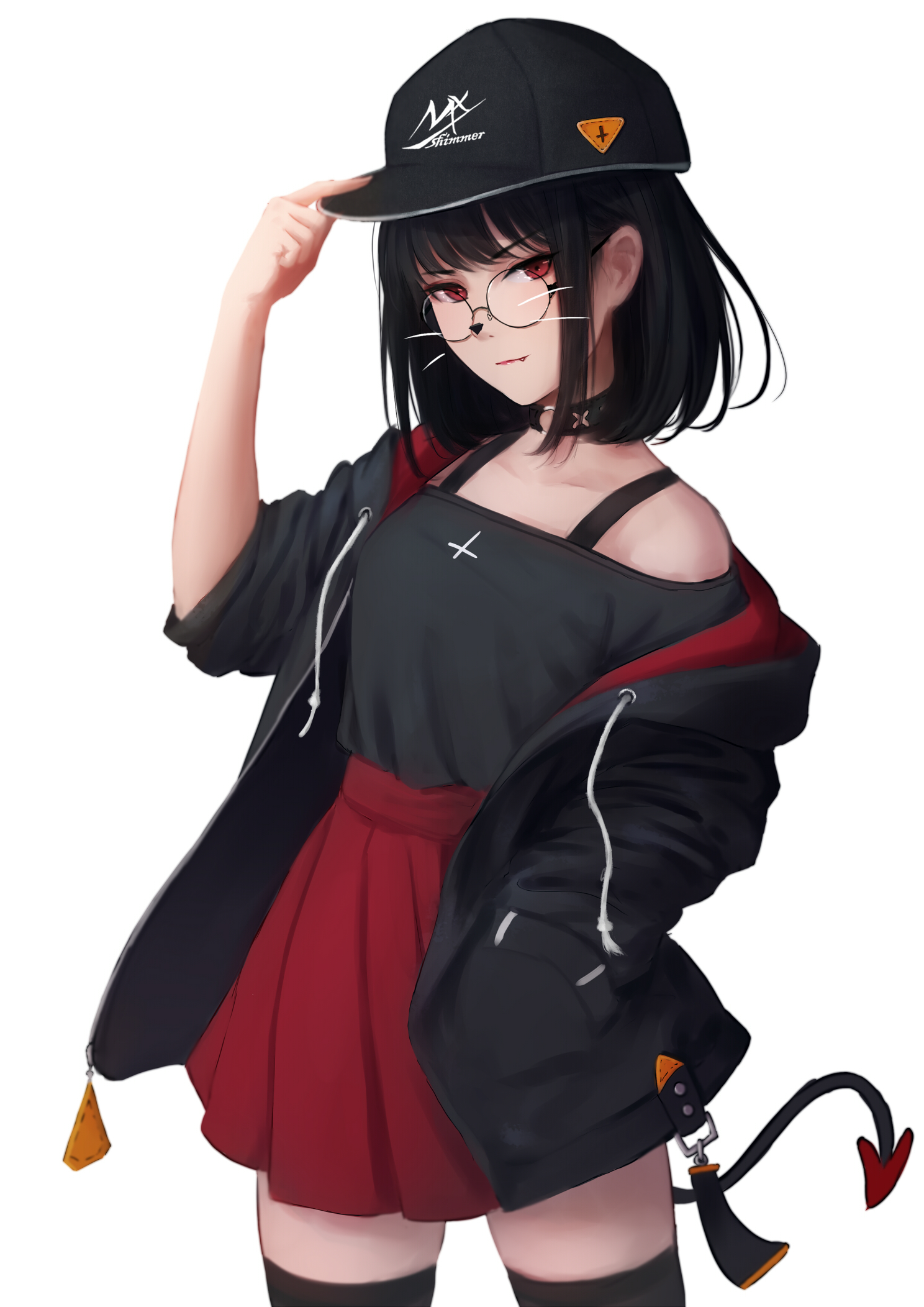 Anime 1488x2104 anime girls original characters black hair looking at viewer fangs red eyes smiling black top jacket black jackets miniskirt thigh-highs tail portrait display white background simple background artwork drawing digital art illustration MX shimmer collar baseball cap