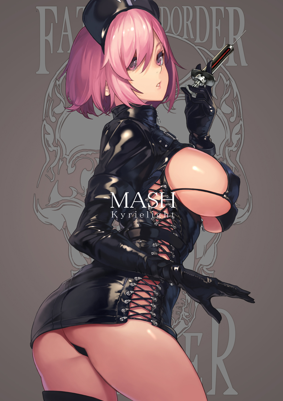 Anime 945x1342 Fate series Fate/Grand Order anime girls 2D portrait display open mouth thighs no bra short hair pink hair big boobs huge breasts hard nipples black latex nurse outfit syringe looking at viewer Mash Kyrielight pink eyes fan art curvy ass glutes thick ass thick thigh black corset black panties ecchi hair in face hair over one eye elbow gloves miniskirt underboob underbutt arched back parted lips oneko artwork
