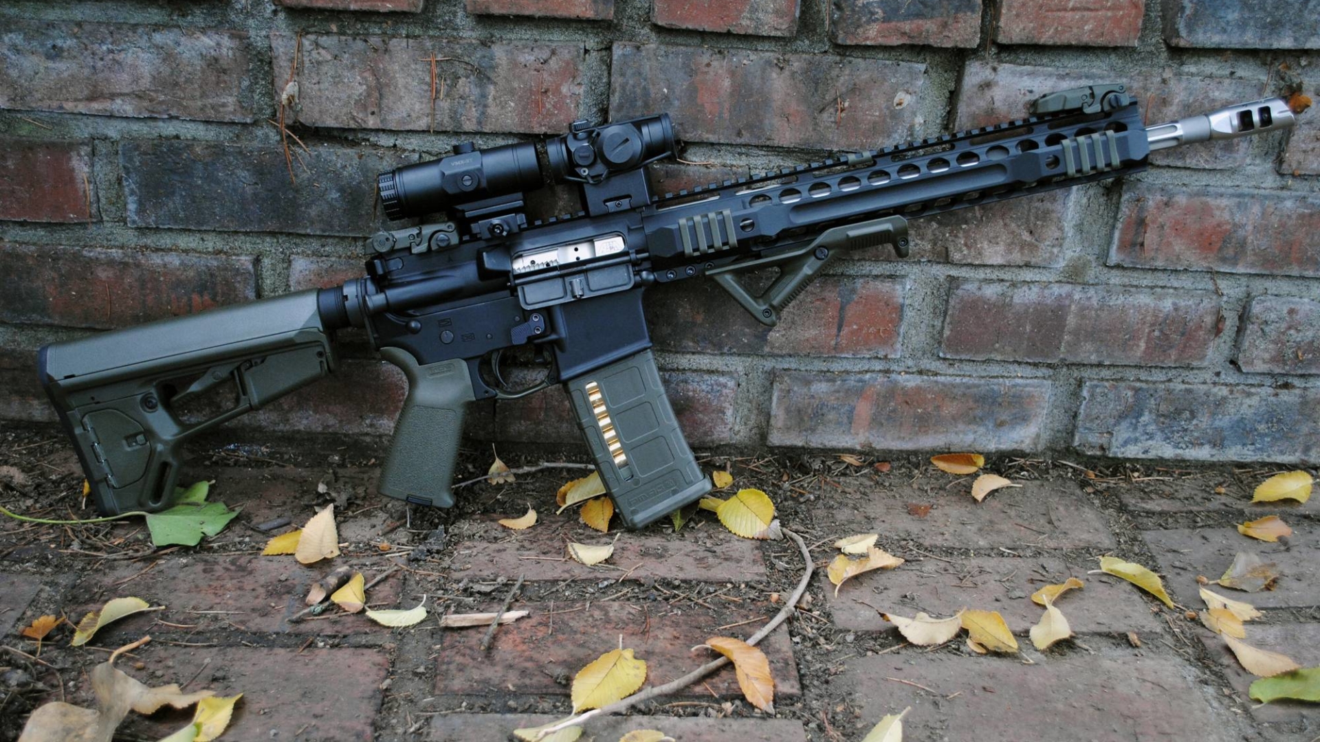 General 1920x1080 weapon AR-15 outdoors fallen leaves yellow leaves still life American firearms assault rifle