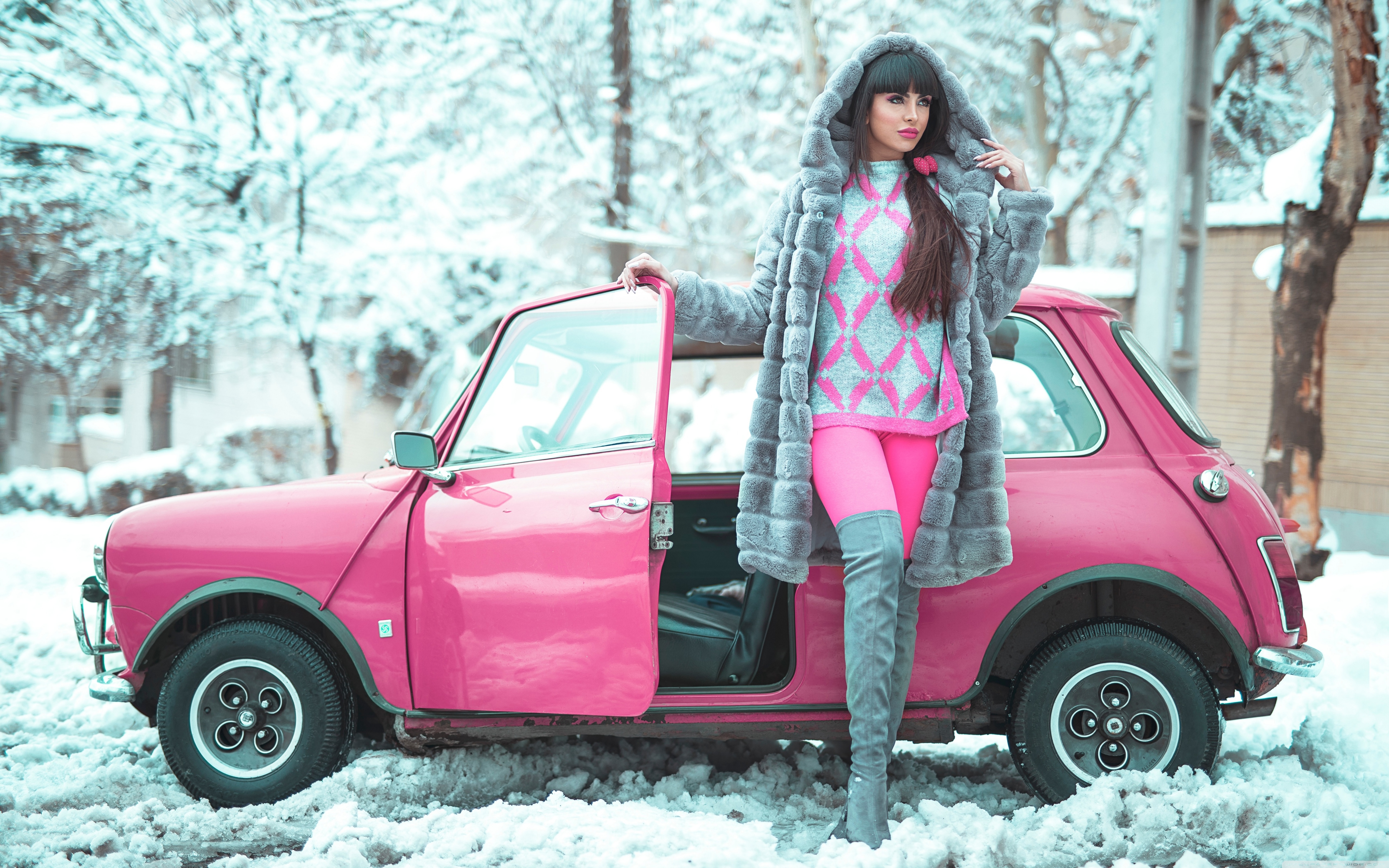 People 5120x3200 Mini pink knee-high boots old car winter women pink cars women with cars car British cars hatchbacks