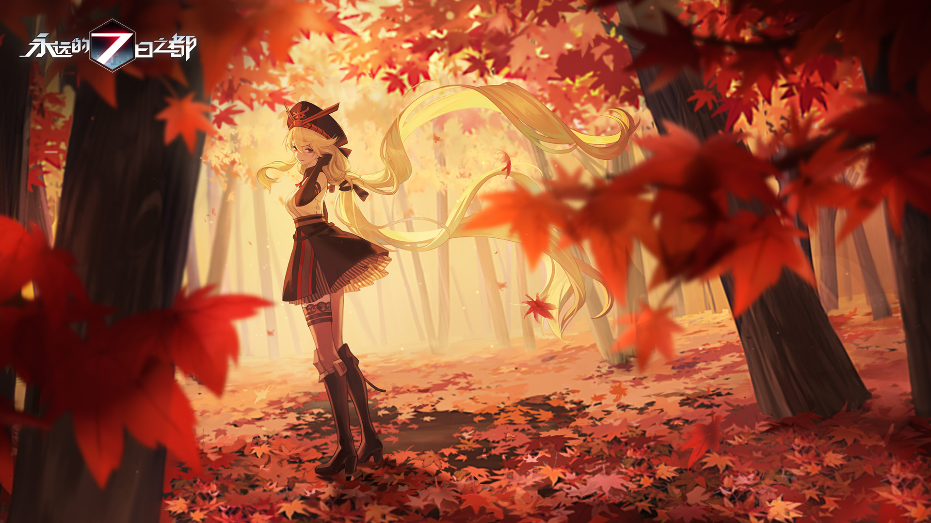 Anime 1920x1080 anime anime girls fall leaves outdoors trees blonde