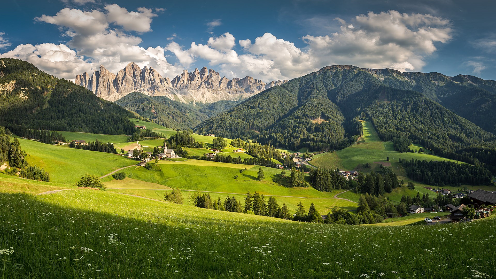 General 1920x1080 nature landscape mountains clouds trees forest village path flowers sky Dolomites Italy Val di Funes house idyllic