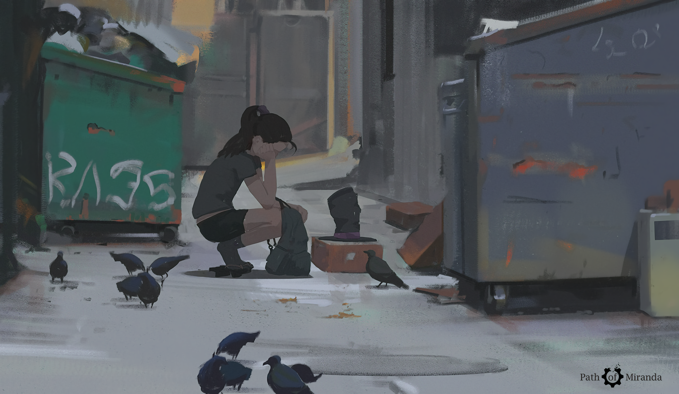 General 2240x1300 illustration artwork digital art women street trash birds ponytail pidgeons
