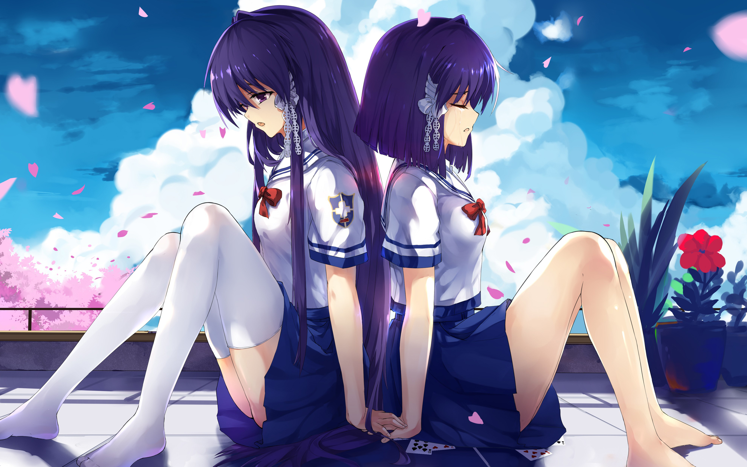 Anime 2560x1600 Clannad Fujibayashi Kyou Fujibayashi Ryou anime anime girls two women purple hair legs stockings barefoot closed eyes sky clouds twins