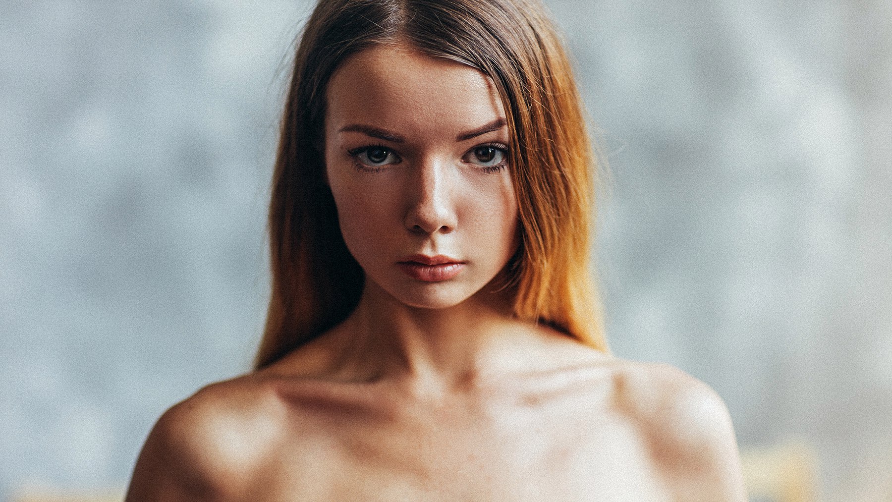 People 1800x1013 Venera Gudkova women bare shoulders film grain simple background face portrait closeup