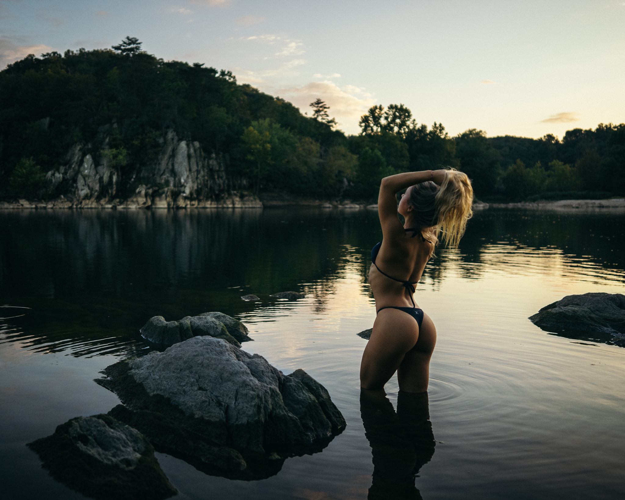 People 2048x1638 women tanned black bikinis river rocks ass back water women outdoors lake ribs
