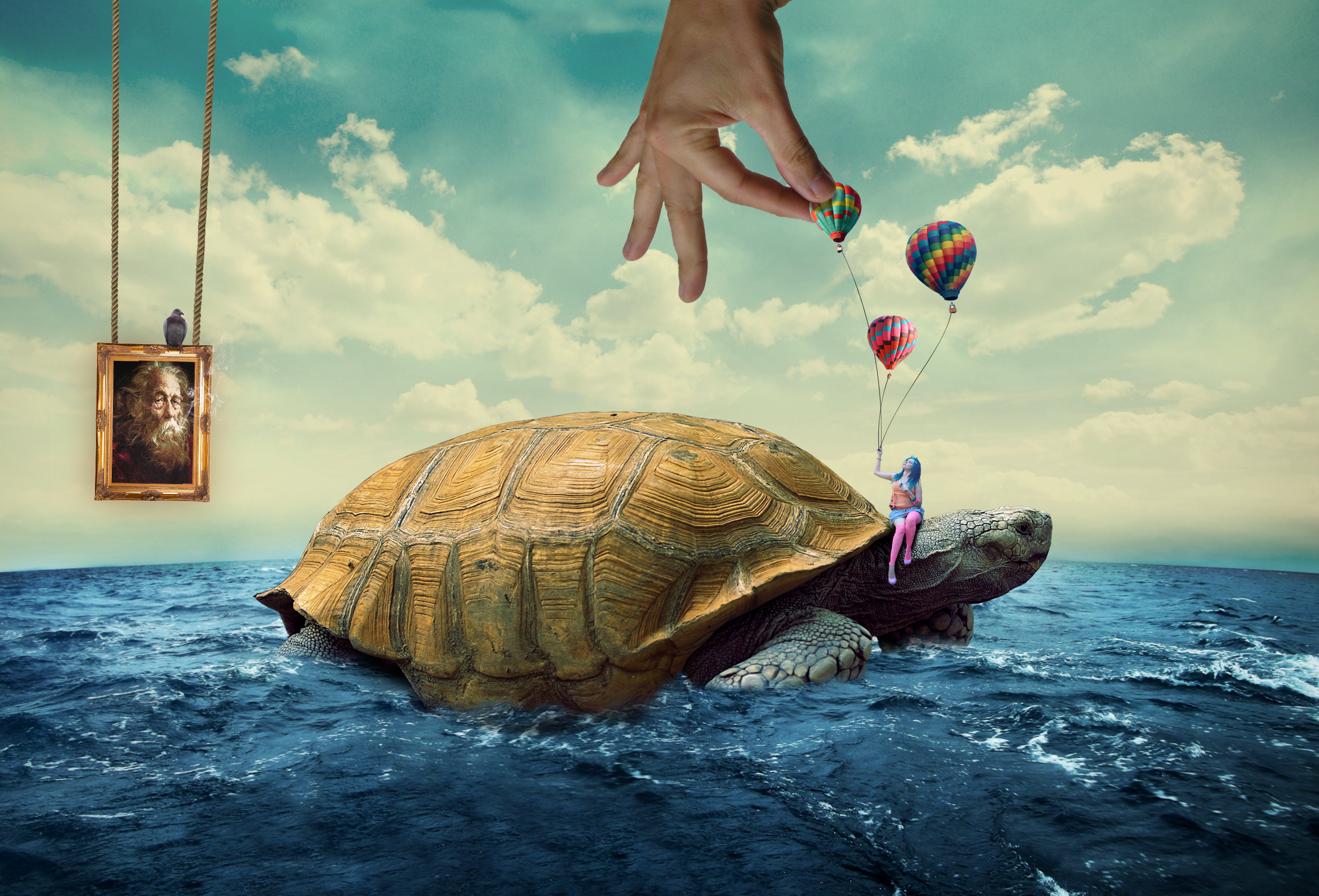General 2500x1700 digital art artwork surreal animals sea turtle hot air balloons women painting hands picture frames photoshopped clouds blue hair pigeons