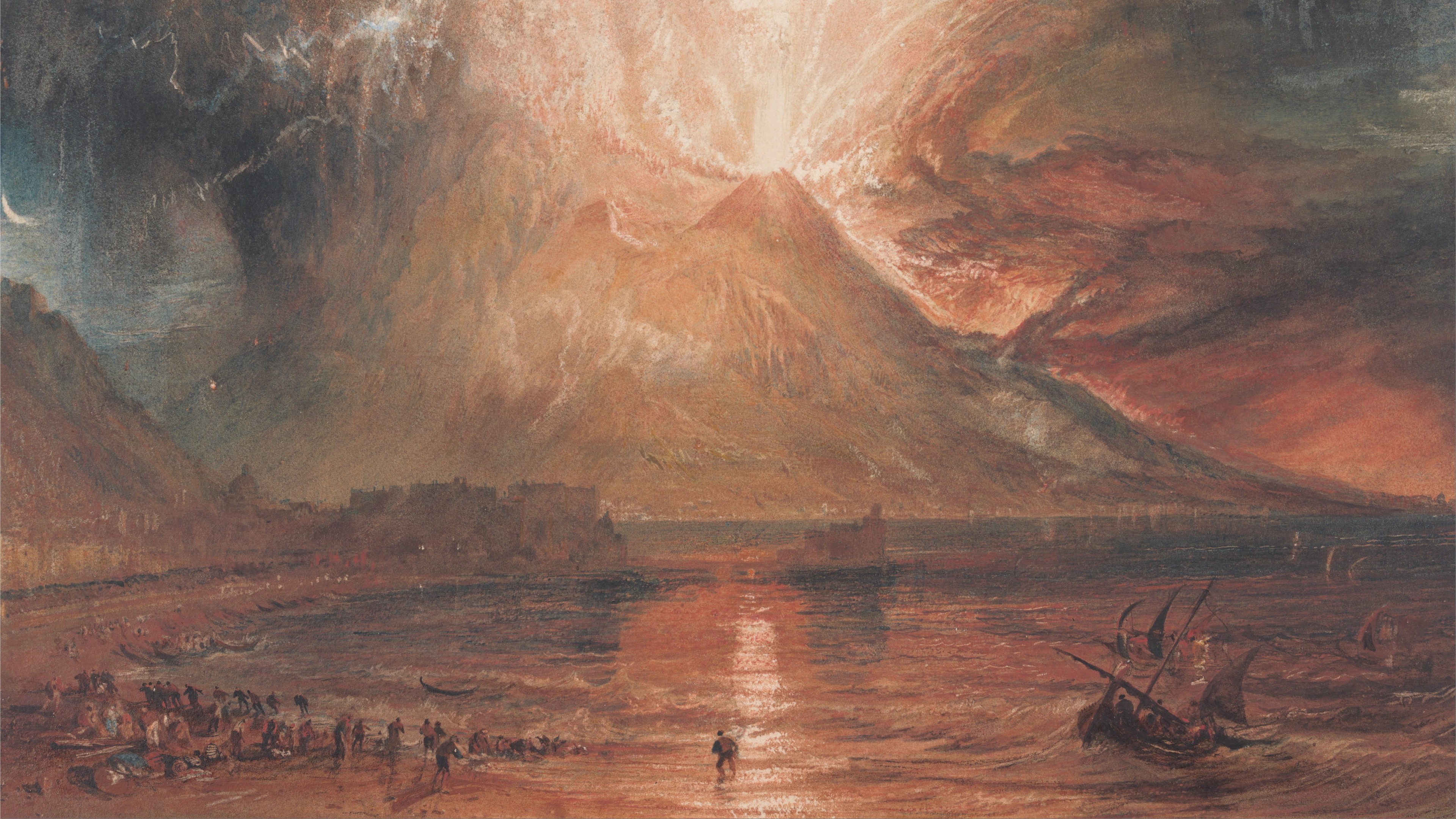 General 3840x2160 painting mountains volcano eruption boat J. M. W. Turner artwork volcanic eruption digital art