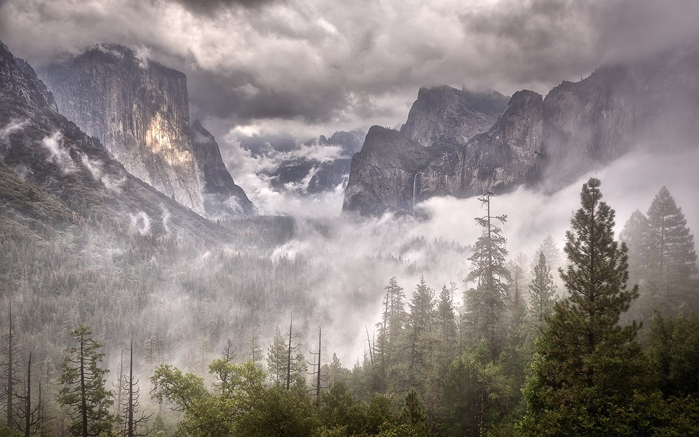 General 1400x875 nature landscape mountains forest mist daylight clouds Yosemite Valley USA California El Capitan
