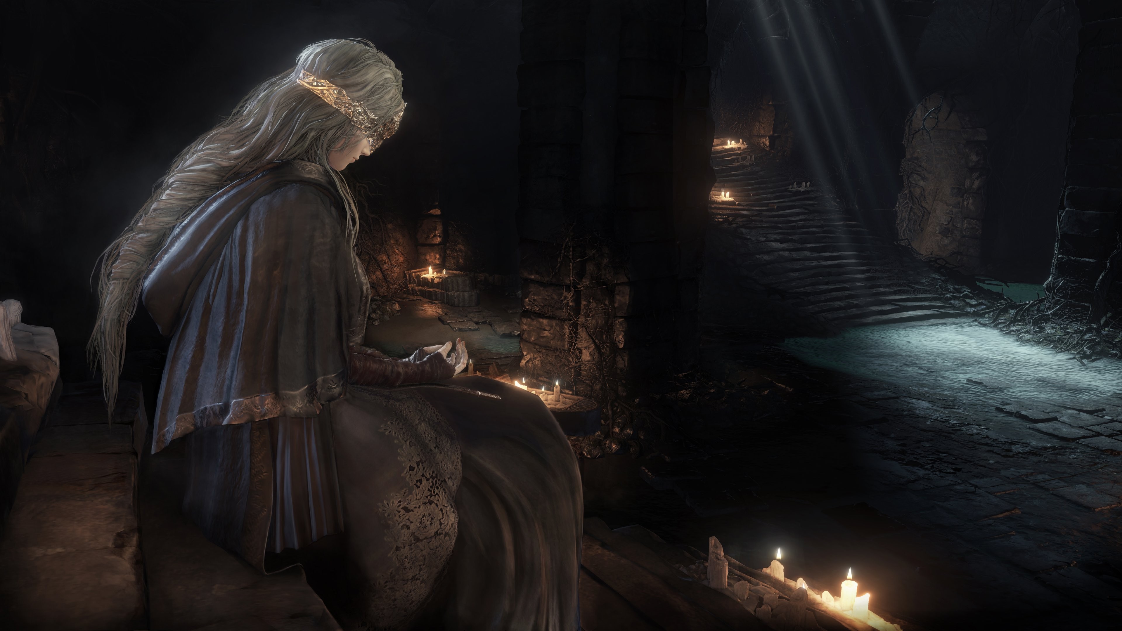General 3840x2160 Dark Souls III Dark Souls Gothic video games Fire Keeper From Software fantasy art fantasy girl video game girls video game art long hair candles sitting