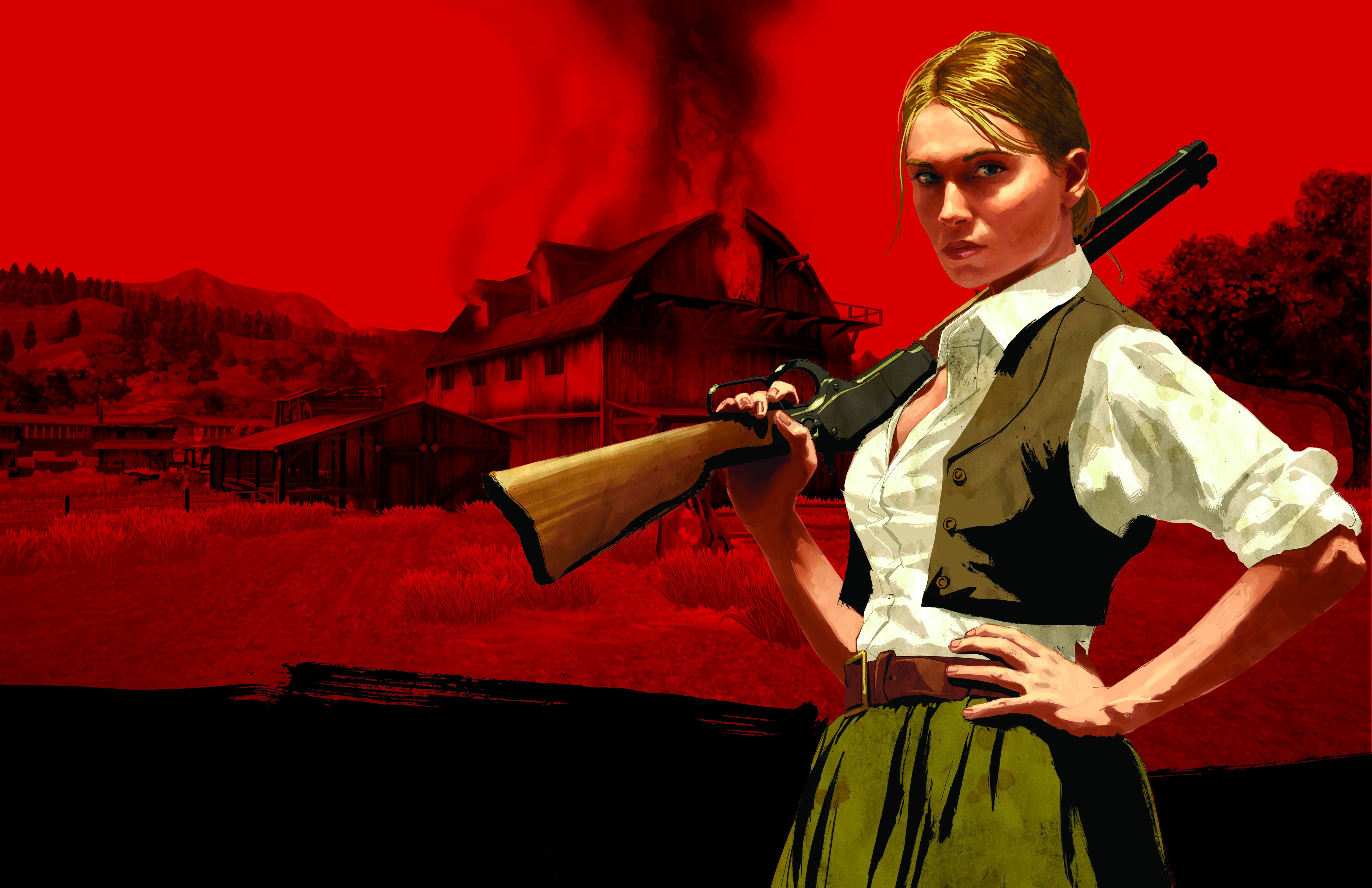General 5100x3300 Red Dead Redemption rifles video game art video games video game characters women PC gaming weapon red background video game girls girls with guns looking at viewer Rockstar Games