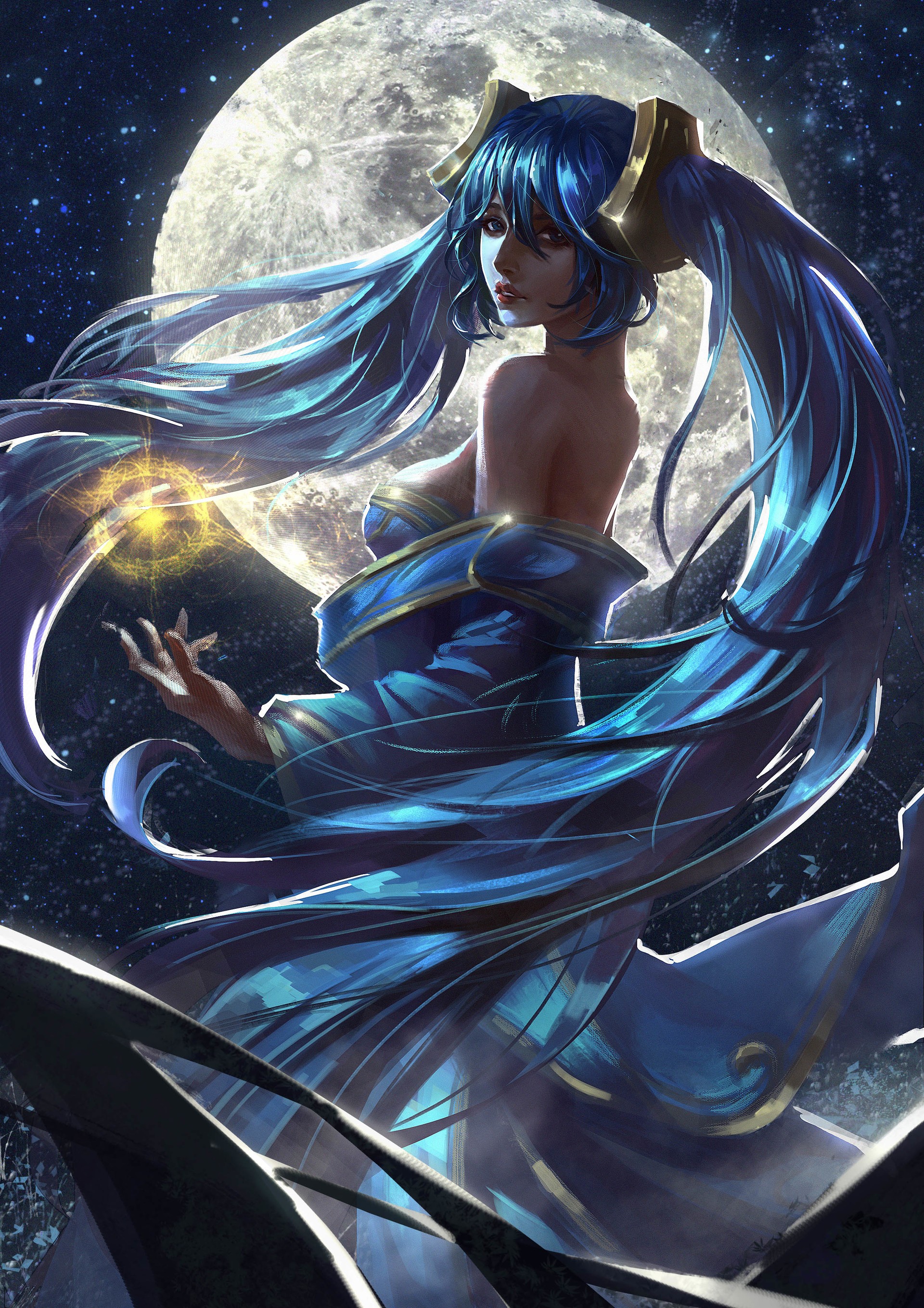 General 1920x2717 League of Legends Sona (League of Legends) Support (League Of Legends) PC gaming video game girls video game characters blue hair long hair Moon looking at viewer fantasy art fantasy girl blue clothing
