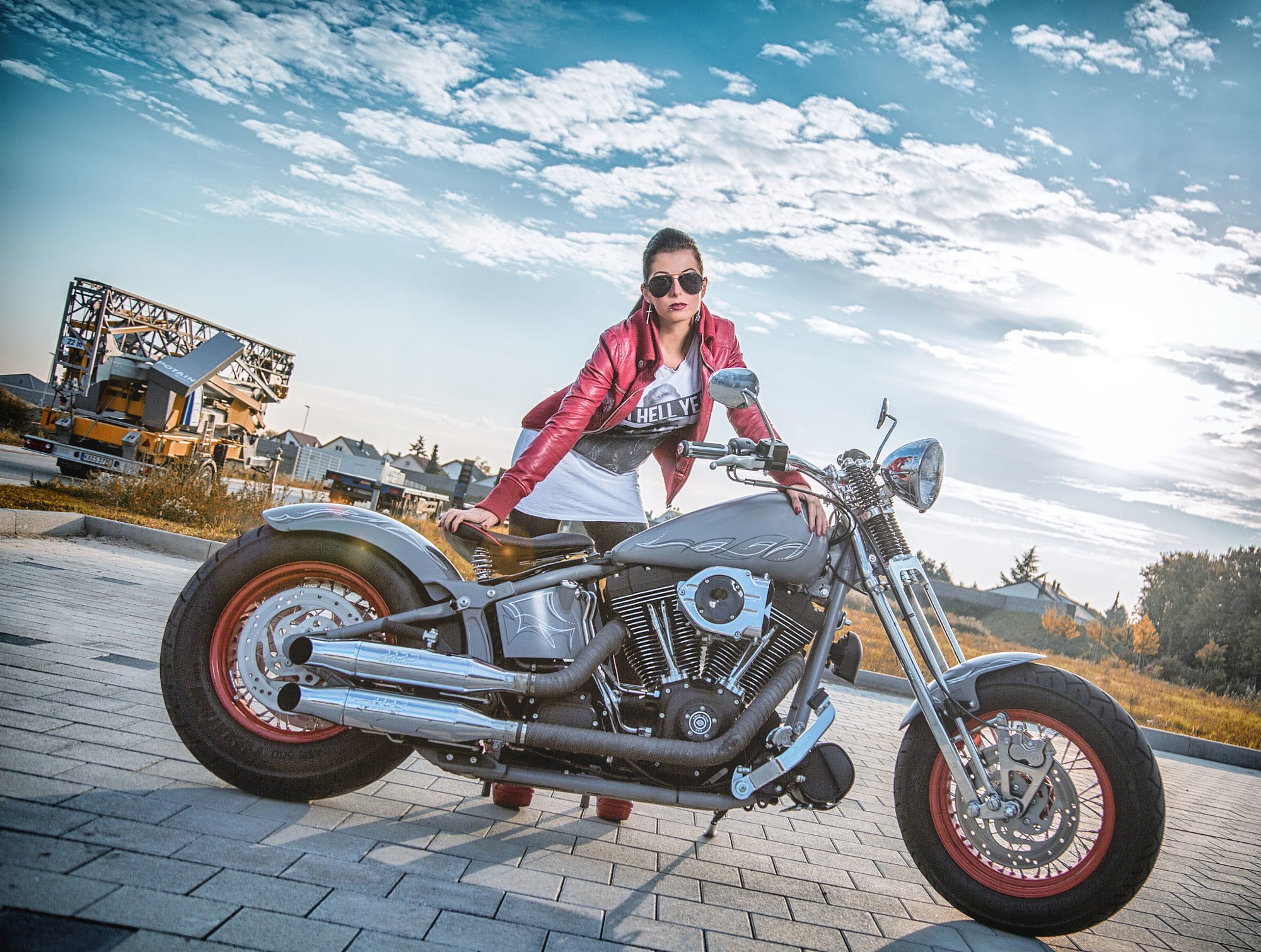 People 2000x1511 women with motorcycles vehicle Harley-Davidson Silver Motorcycles sunglasses women model women with shades leather jacket earring lipstick red nails women outdoors sky