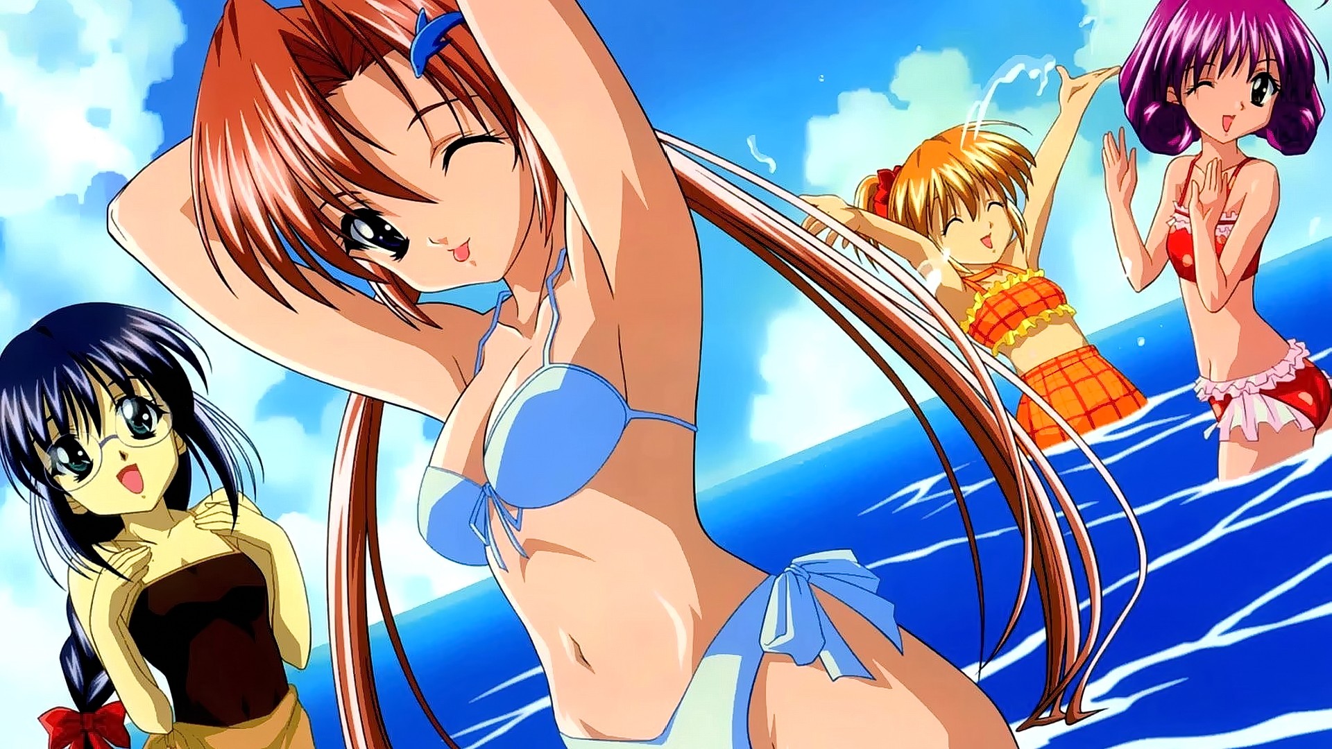 Anime 1920x1080 anime anime girls brunette short hair long hair smiling wink bikini water sky clouds looking at viewer Sister Princess group of women belly tongues tongue out blue bikini swimwear arms up in water one eye closed