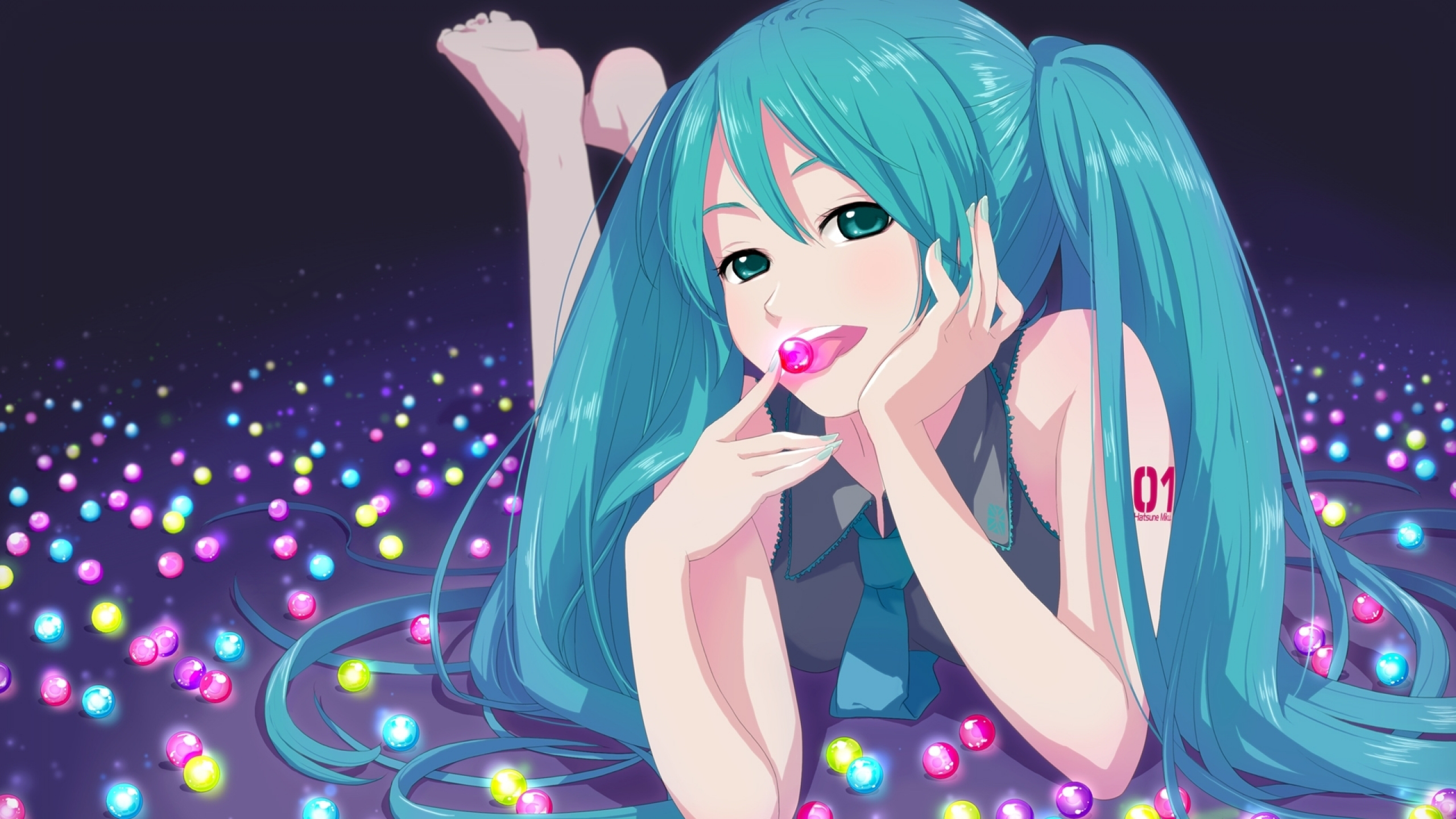Anime 2560x1440 anime anime girls Hatsune Miku Vocaloid long hair cyan hair tongues tongue out barefoot women tie looking at viewer lying on front