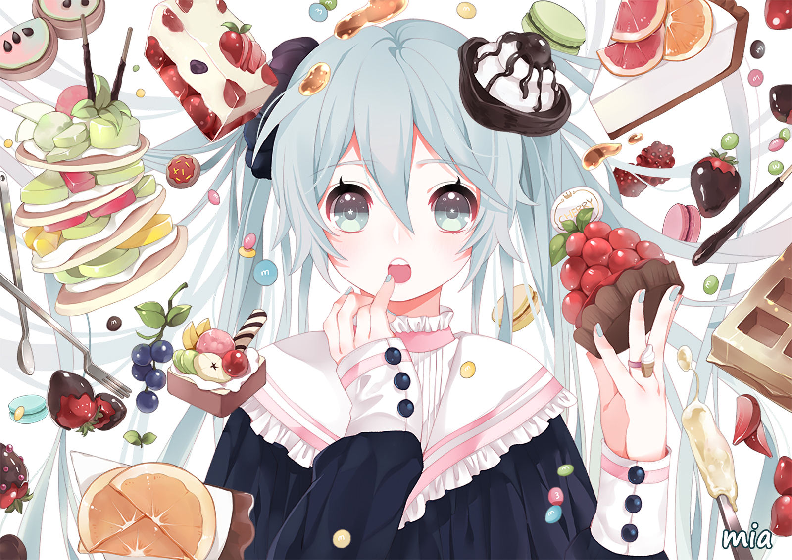 Anime 1600x1132 Hatsune Miku anime girls long hair food twintails cyan hair fork fruit sweets open mouth