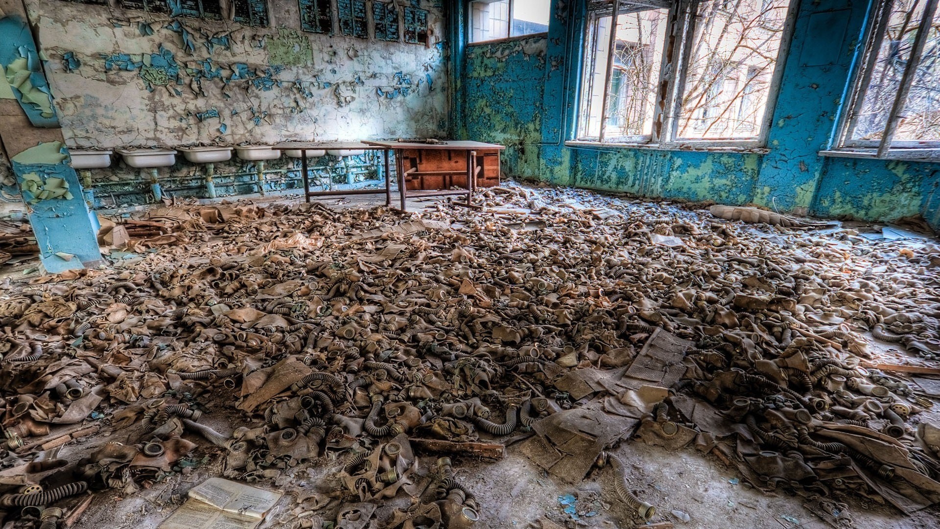 General 1920x1080 interior abandoned window room gas masks HDR empty  Chernobyl table Pripyat radioactive Ukraine