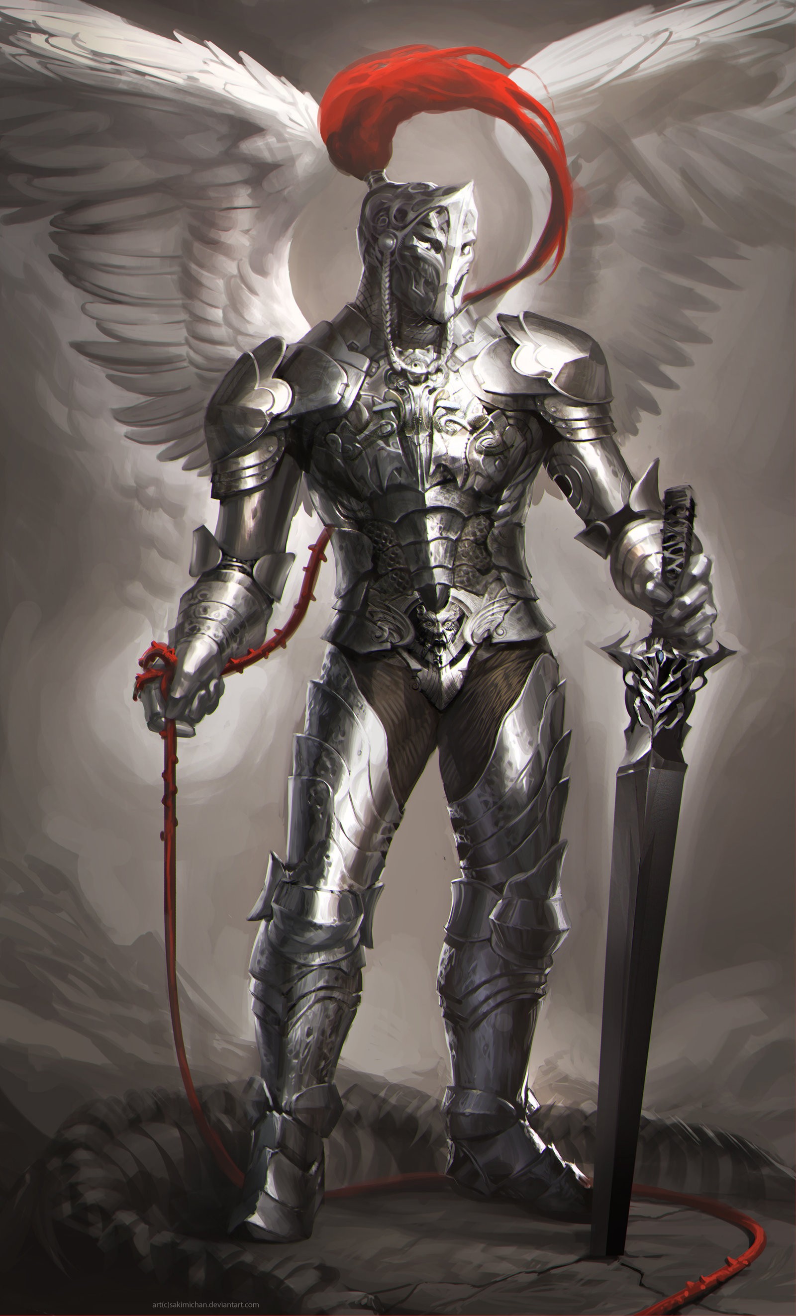 General 1600x2646 Sakimichan realistic warrior wings sword fantasy art artwork fantasy armor armor