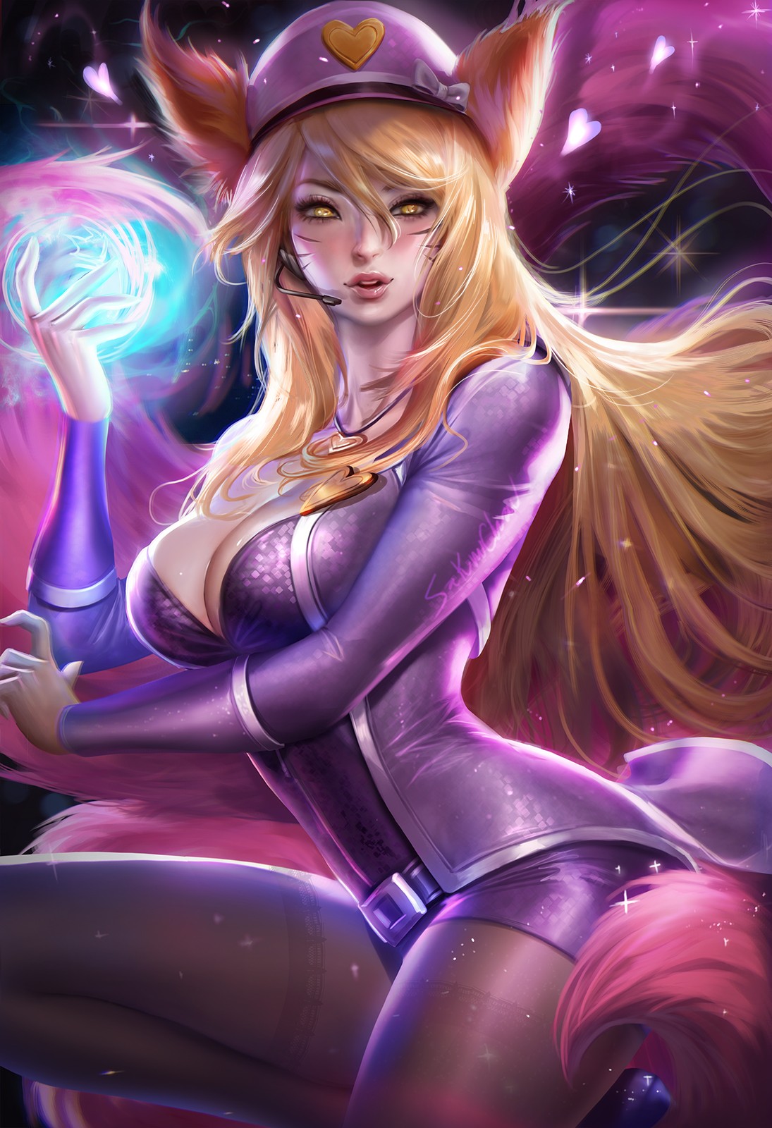 Anime 1095x1600 Sakimichan realistic League of Legends Ahri (League of Legends) PC gaming fan art boobs big boobs curvy video game girls video game characters anime anime girls long hair blonde yellow eyes