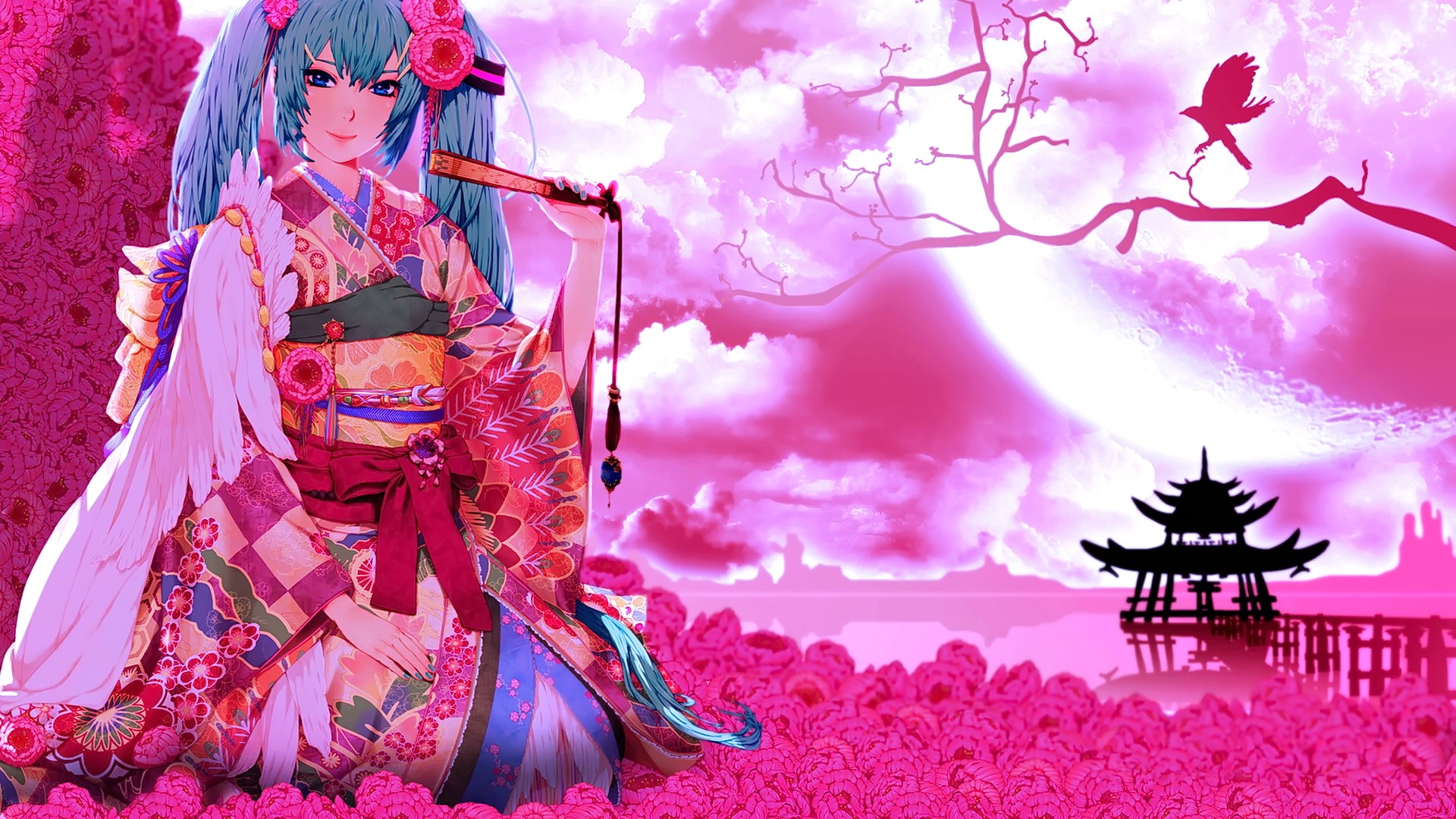 Anime 1920x1080 anime anime girls cyan hair long hair blue eyes looking at viewer flowers Asian architecture Japanese clothes kimono hair ornament Vocaloid Hatsune Miku fantasy art fantasy girl women traditional clothing