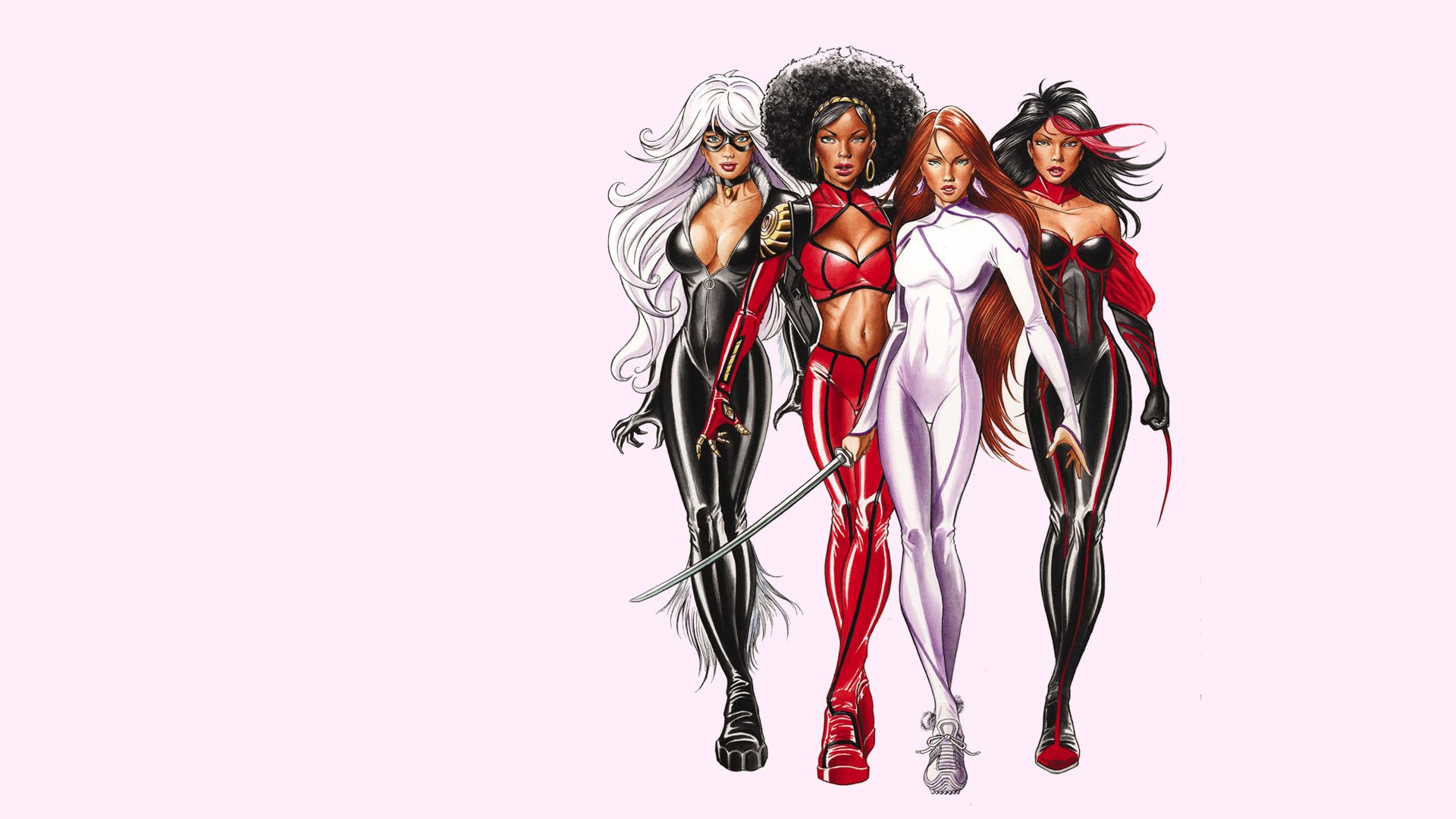 General 1920x1080 Heroes for Hire Marvel Comics superhero Felicia Hardy Misty Knight simple background frontal view women group of women white background boobs belly slim body standing white hair redhead black hair women with swords sword weapon