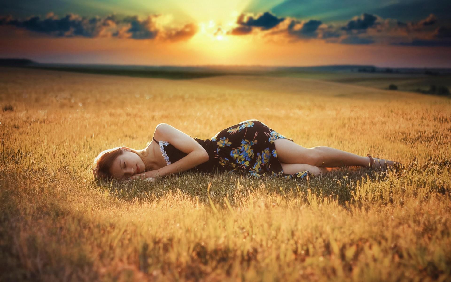 People 1920x1200 women field summer  dress lying down sunlight dress women outdoors landscape closed eyes model