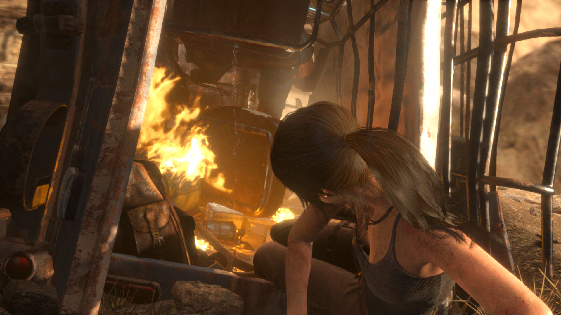 General 1920x1080 Rise of the Tomb Raider Tomb Raider video games screen shot fire video game characters women ponytail Lara Croft (Tomb Raider) PC gaming burning