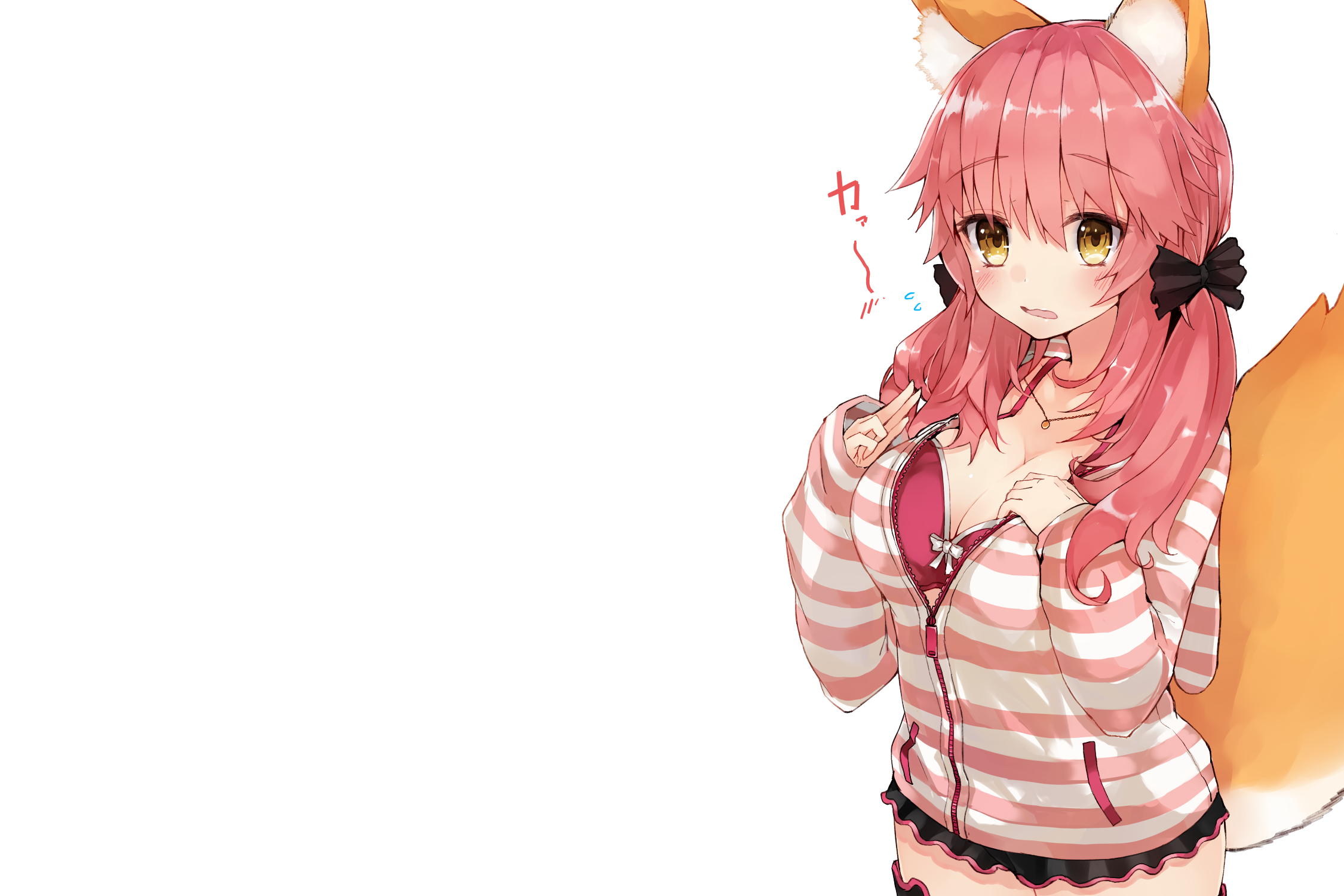 Anime 2250x1500 anime girls animal ears cleavage Fate/Extra Fate series fox girl simple background Tamamo no Mae (fate/grand order) white background pink hair yellow eyes boobs bra long hair