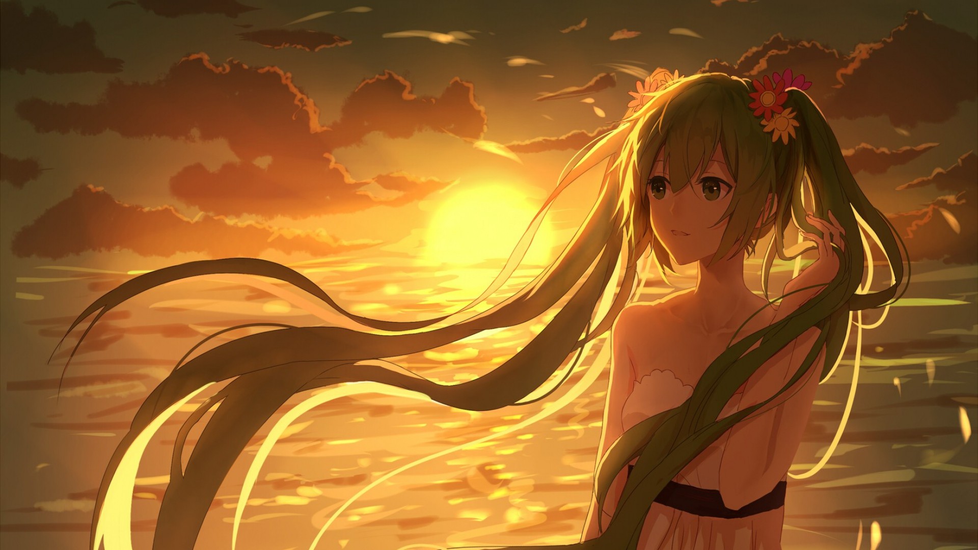 Anime 1920x1080 anime girls anime sunlight sky outdoors flower in hair long hair Hatsune Miku orange sky women outdoors Sun