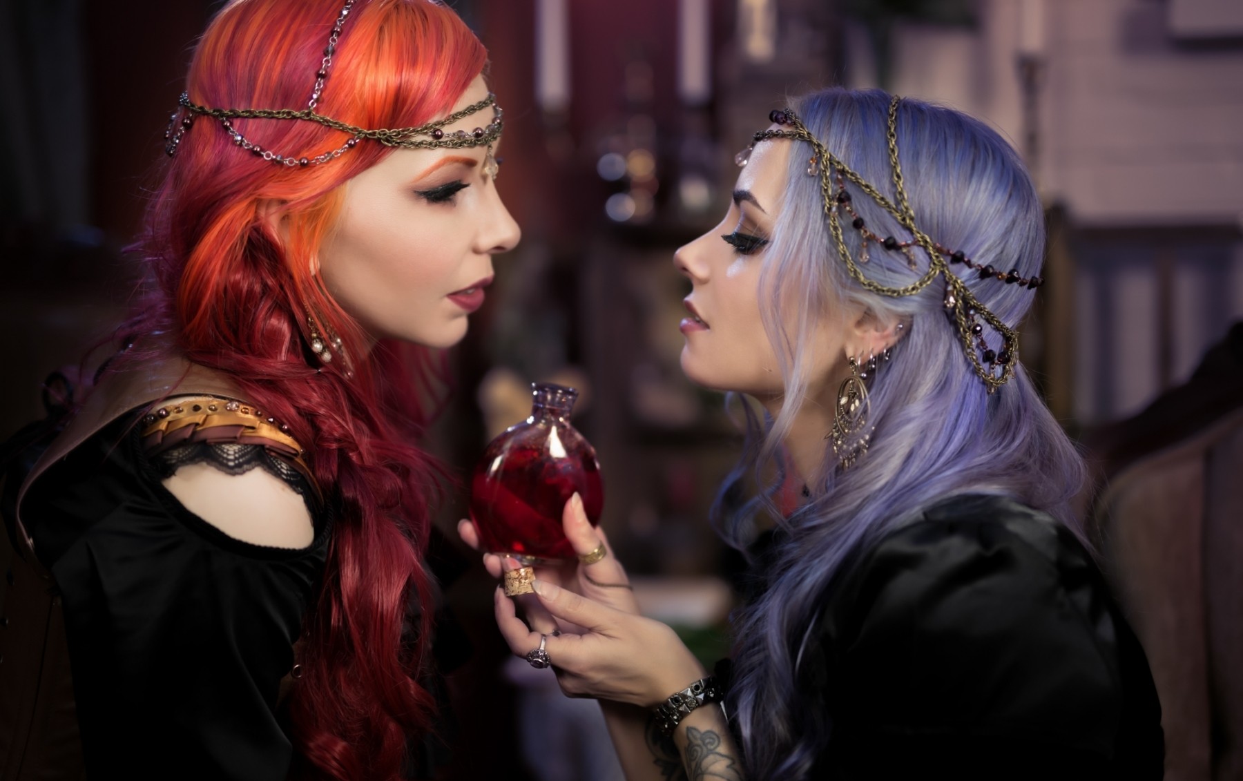 People 1800x1131 women model lesbians couple dyed hair redhead blue hair twintails depth of field ForbiddenRealm Genevieve women indoors indoors two women makeup
