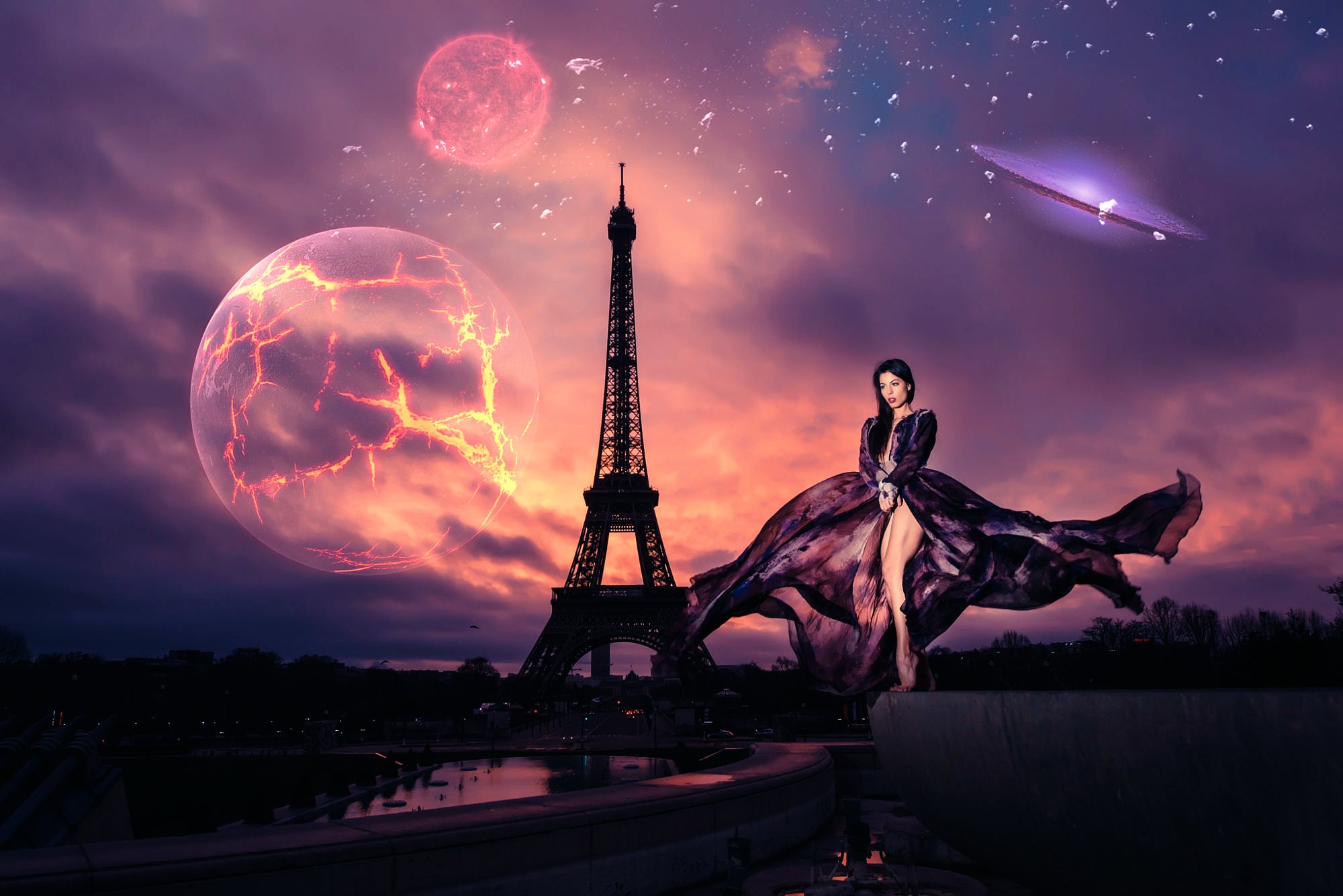General 2000x1335 fantasy art women model Eiffel Tower sky stars legs black hair digital art