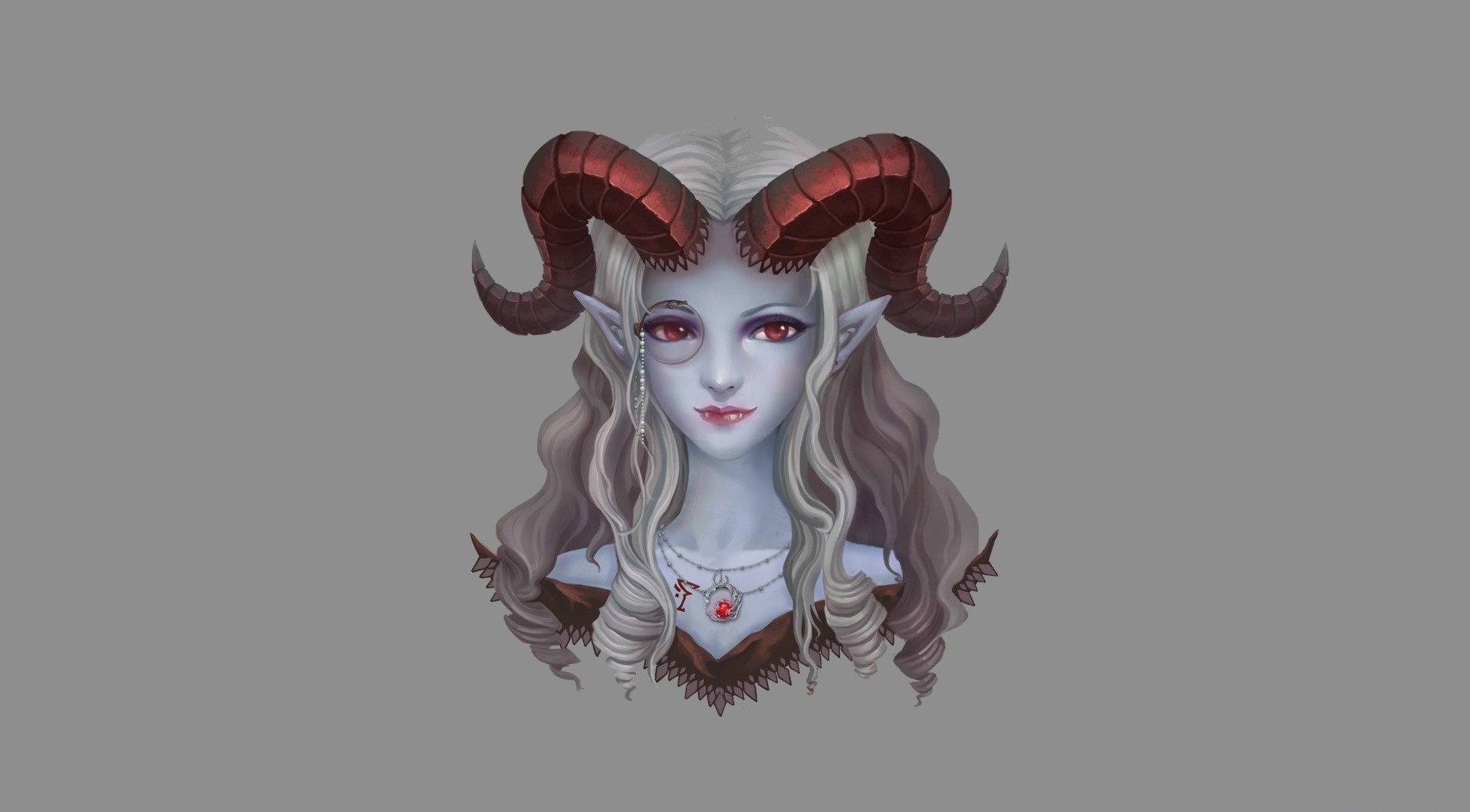 General 1916x1059 horns fantasy art artwork tiefling fantasy girl pointy ears red eyes red lipstick gray background simple background