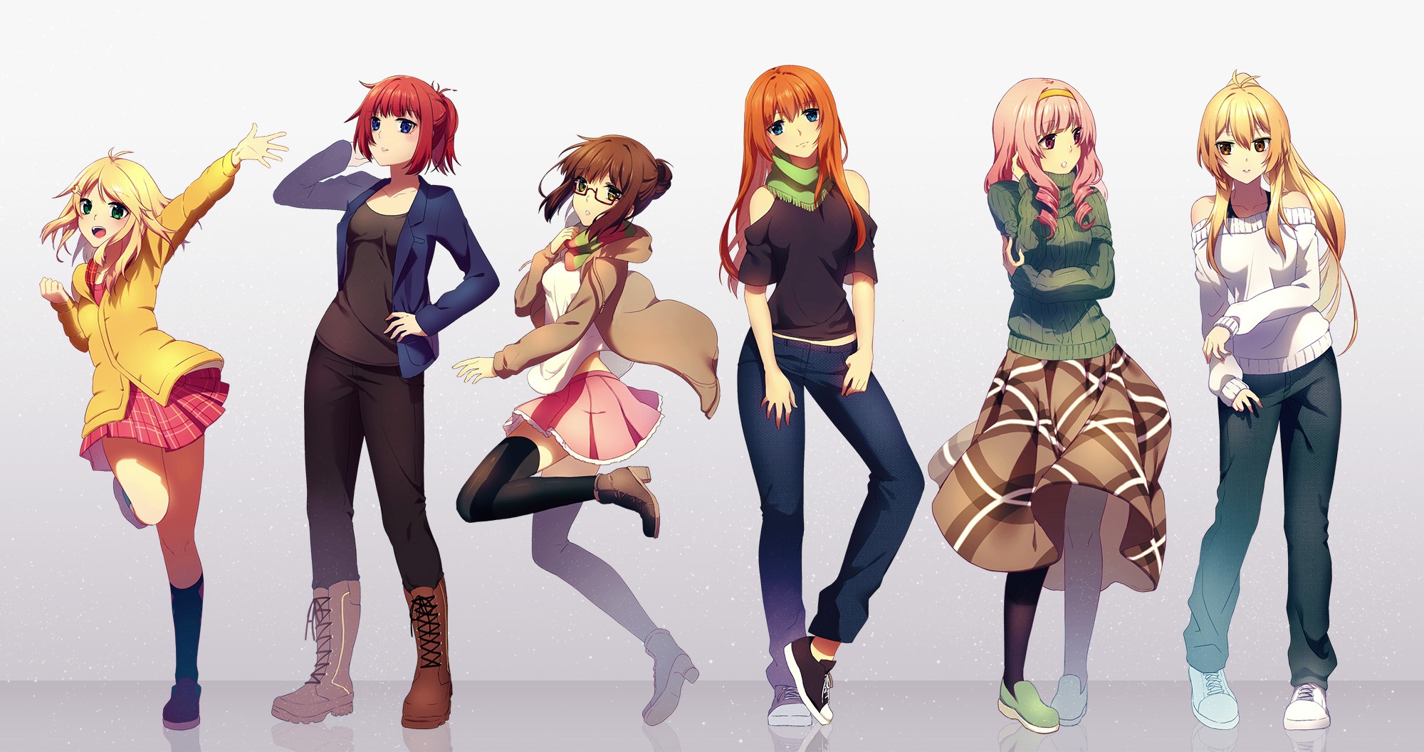 Anime 2000x1057 anime anime girls collage simple background redhead blue eyes pink hair blonde standing miniskirt white background group of women