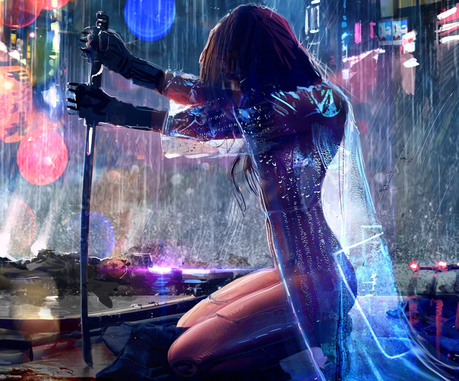 General 1909x1585 women sword warrior futuristic science fiction women rain kneeling katana weapon science fiction