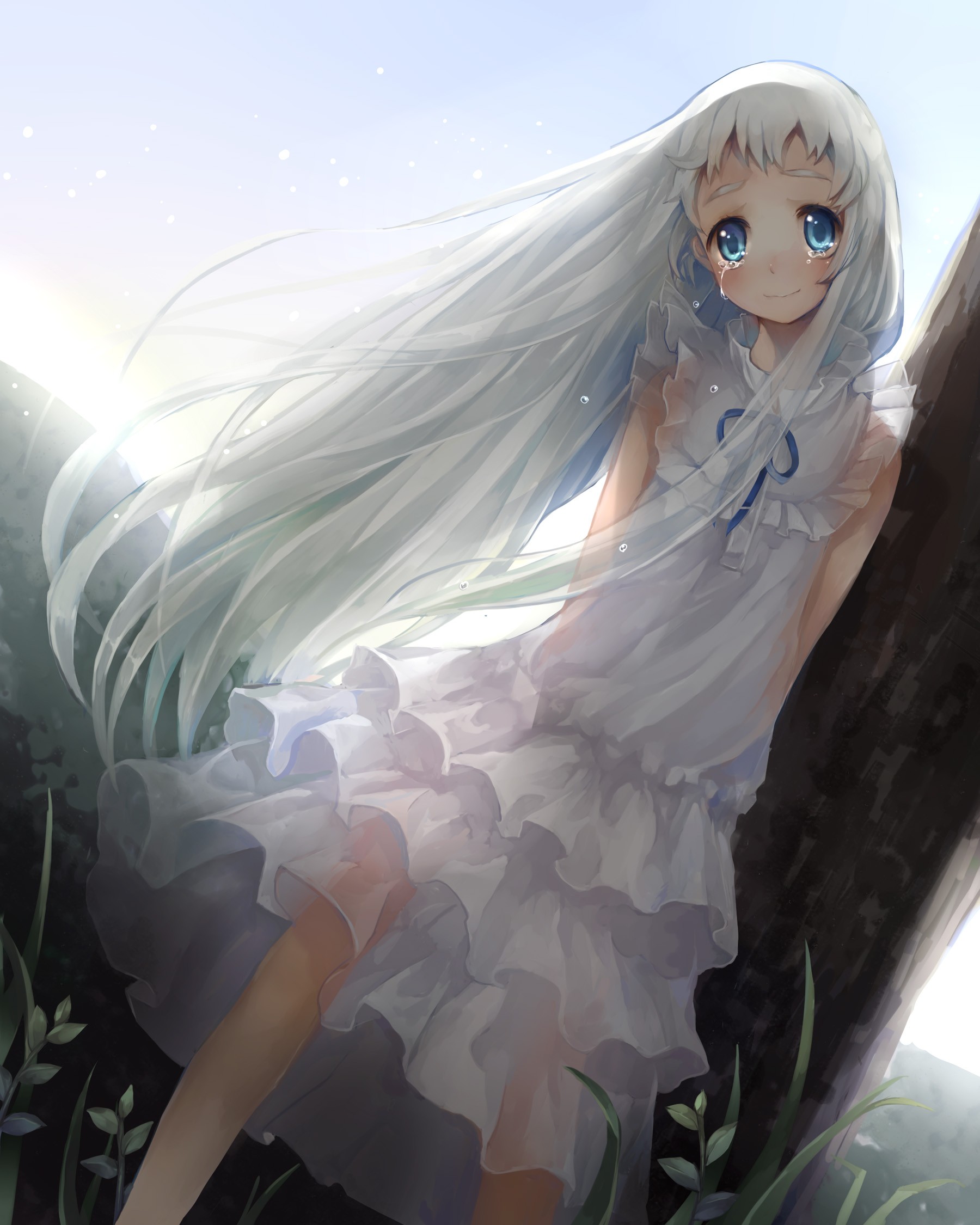 Anime 1800x2250 Ano Hi Mita Hana no Namae wo Bokutachi wa Mada Shiranai anime girls tears blue eyes long hair anime sad white dress dress