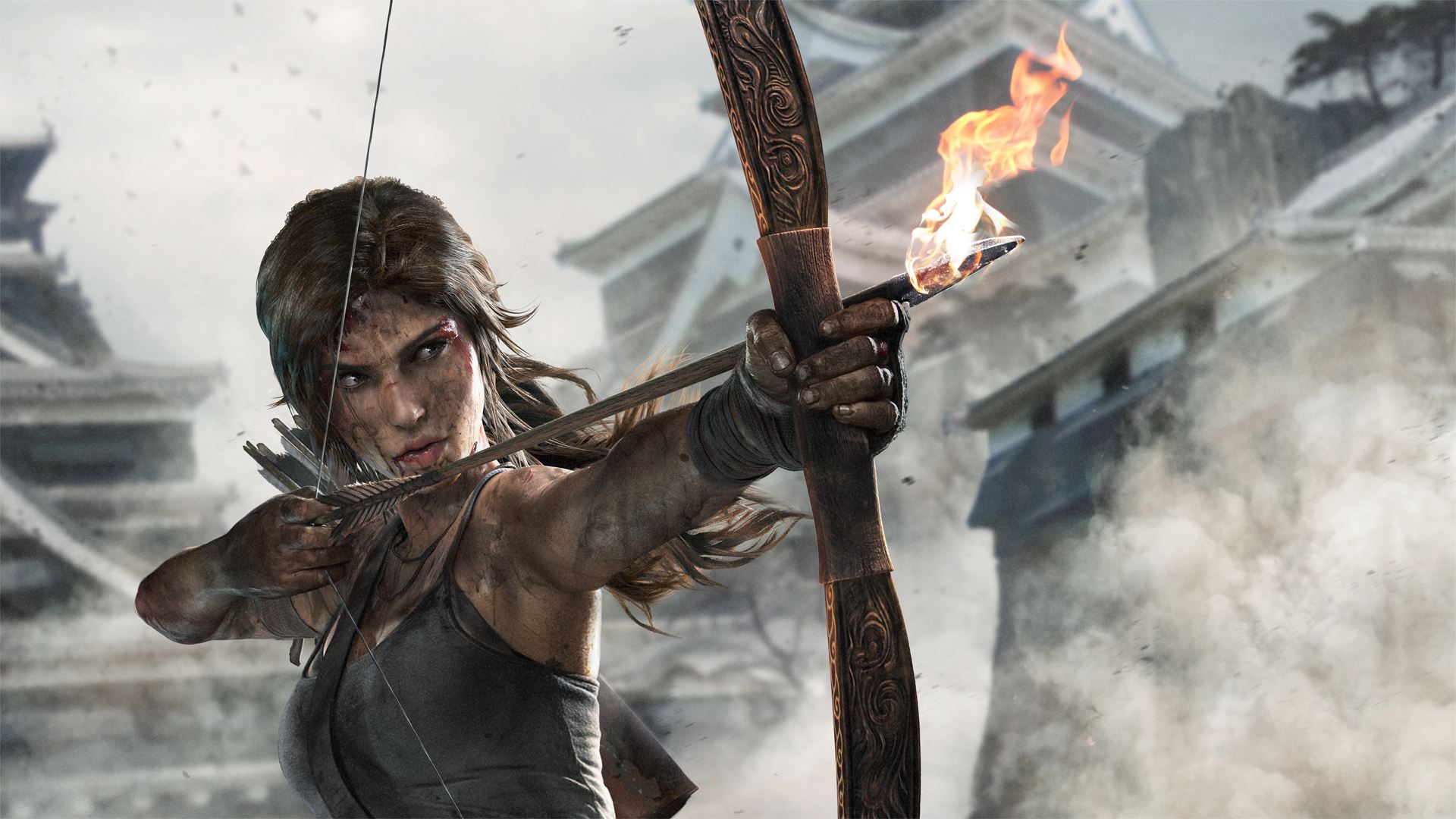 General 1920x1080 Tomb Raider video games women bow Arrow (TV series) arrows fire Lara Croft (Tomb Raider) Tomb Raider (2013) Crystal Dynamics bow and arrow brunette PC gaming video game characters aiming wounds blood dirty