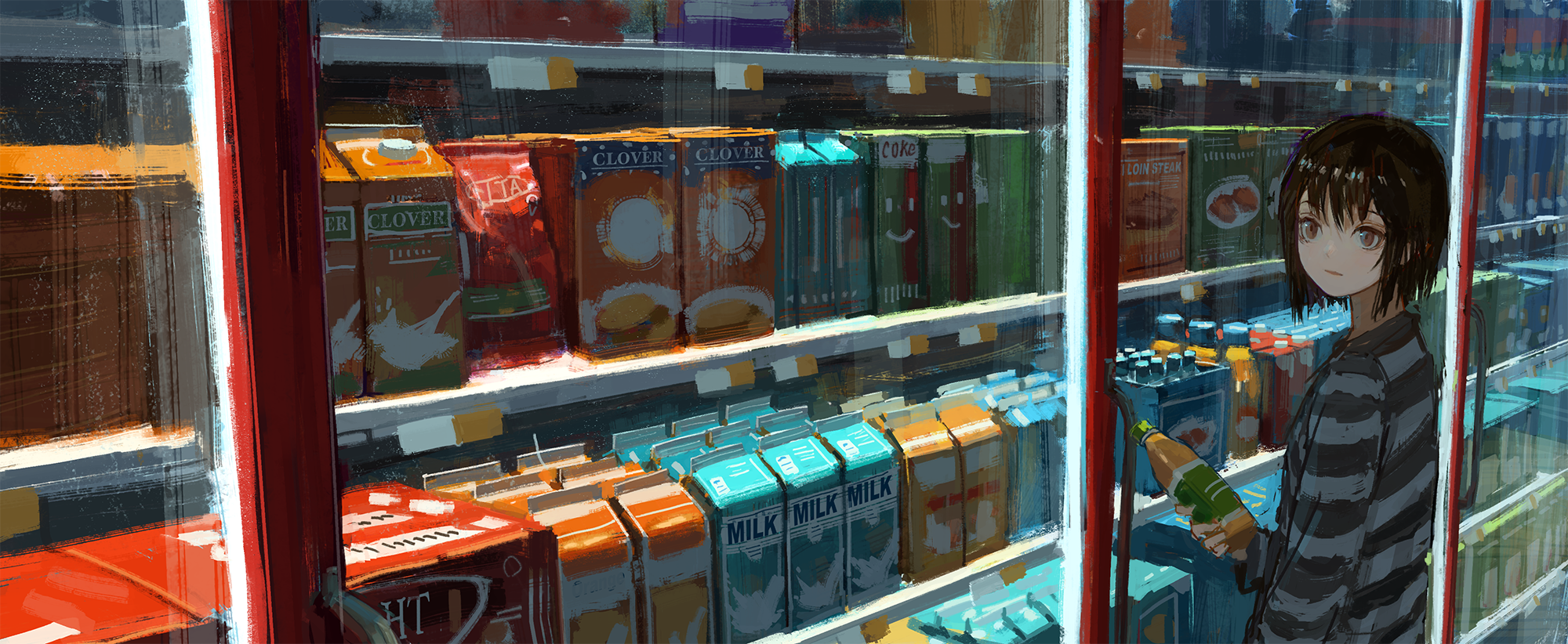 Anime 2000x822 anime anime girls supermarket food milk bottles brunette women indoors indoors