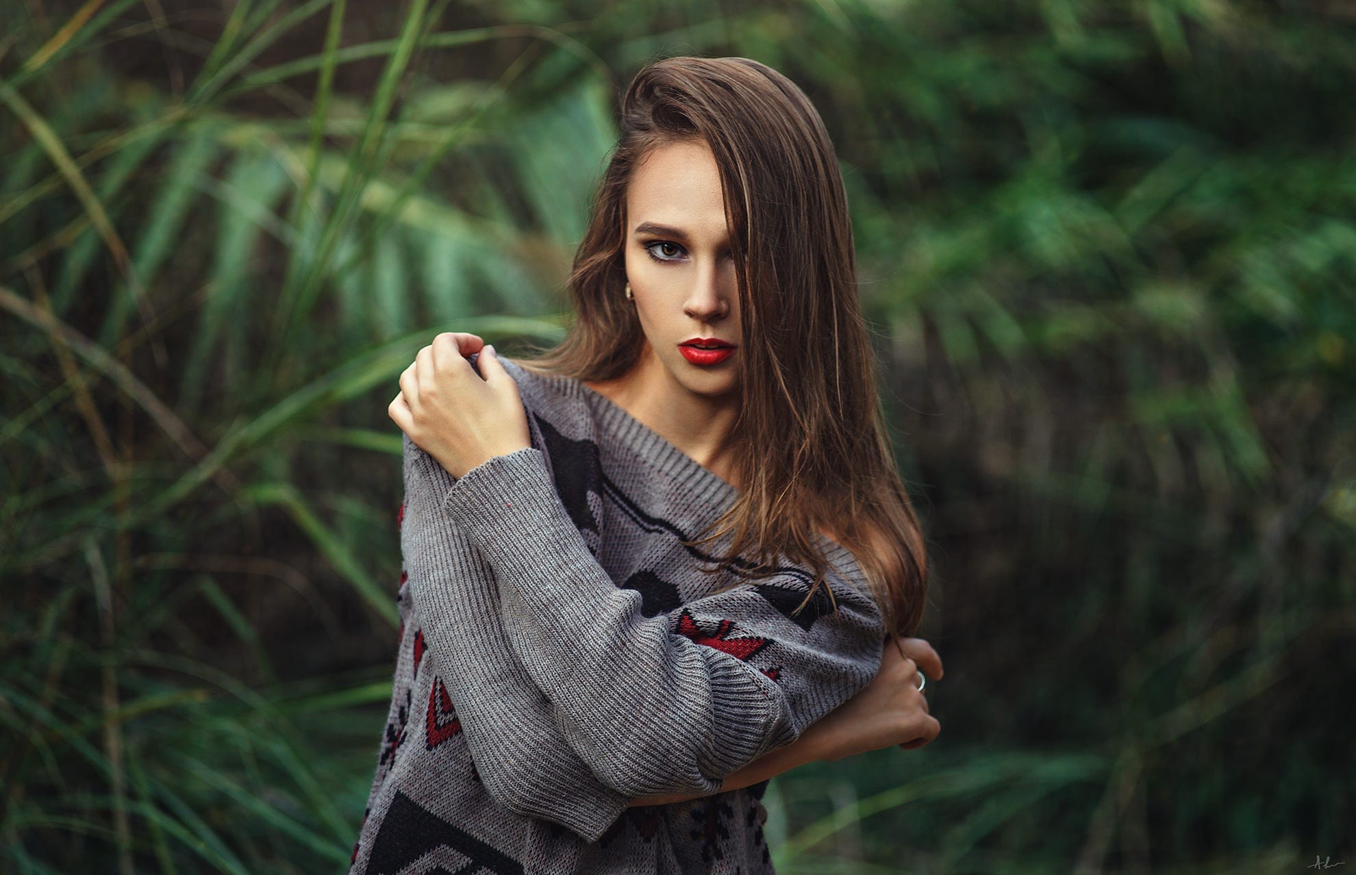 People 1980x1278 emotion lights forest lips eyes brown eyes women red lipstick brunette hair in face