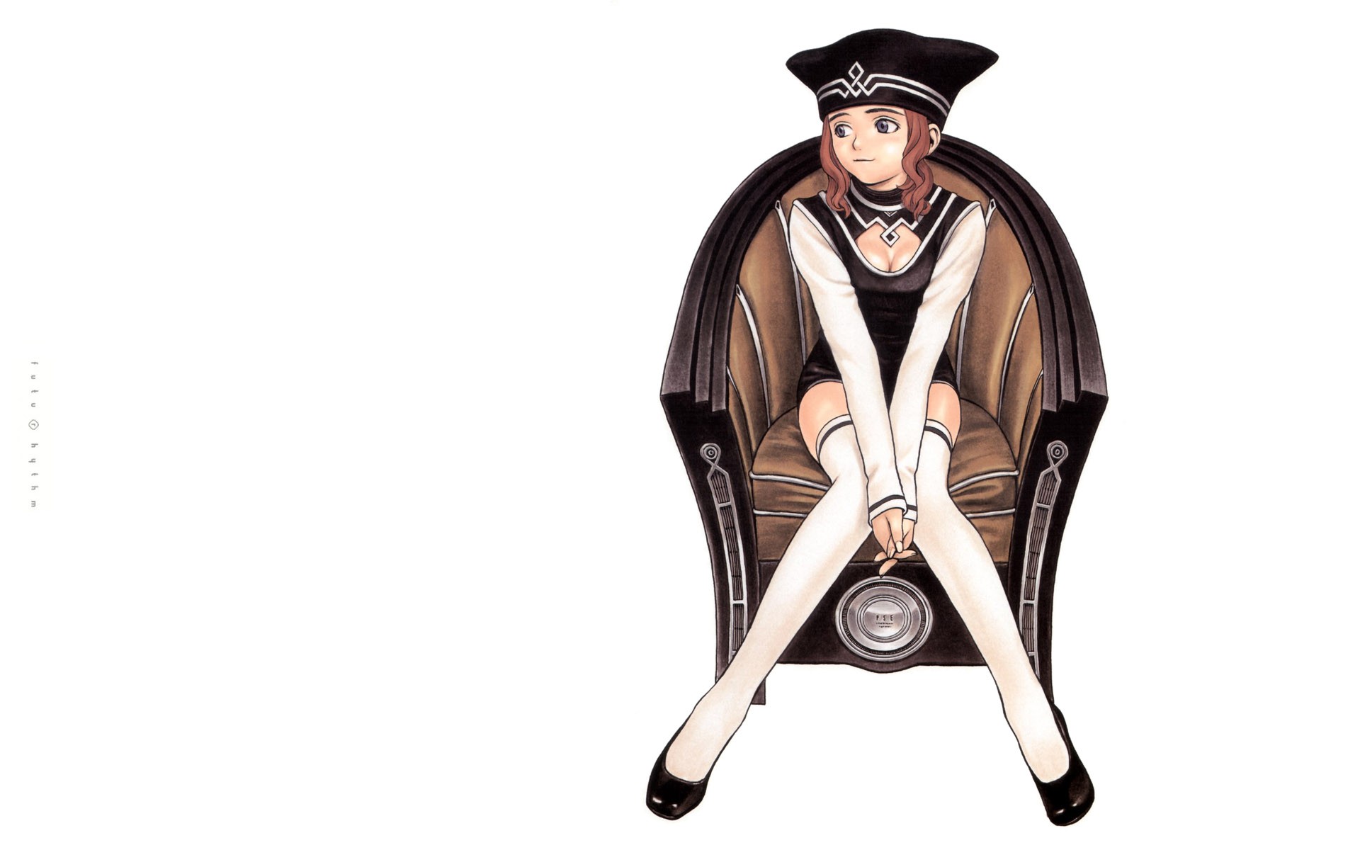 Anime 1920x1200 Murata Range original characters anime girls anime simple background legs together sitting hat cleavage looking away white background stockings white stockings