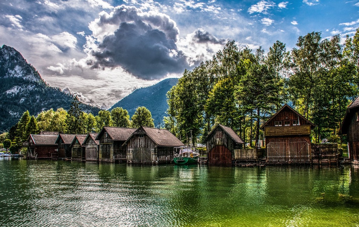 General 1230x777 nature landscape lake mountains boathouses trees HDR clouds sunlight Austria