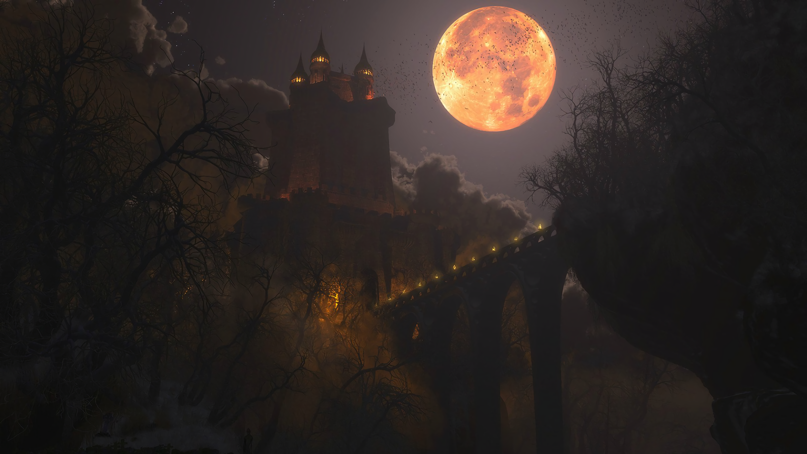 General 3200x1800 Moon castle bridge bats low-angle fantasy art
