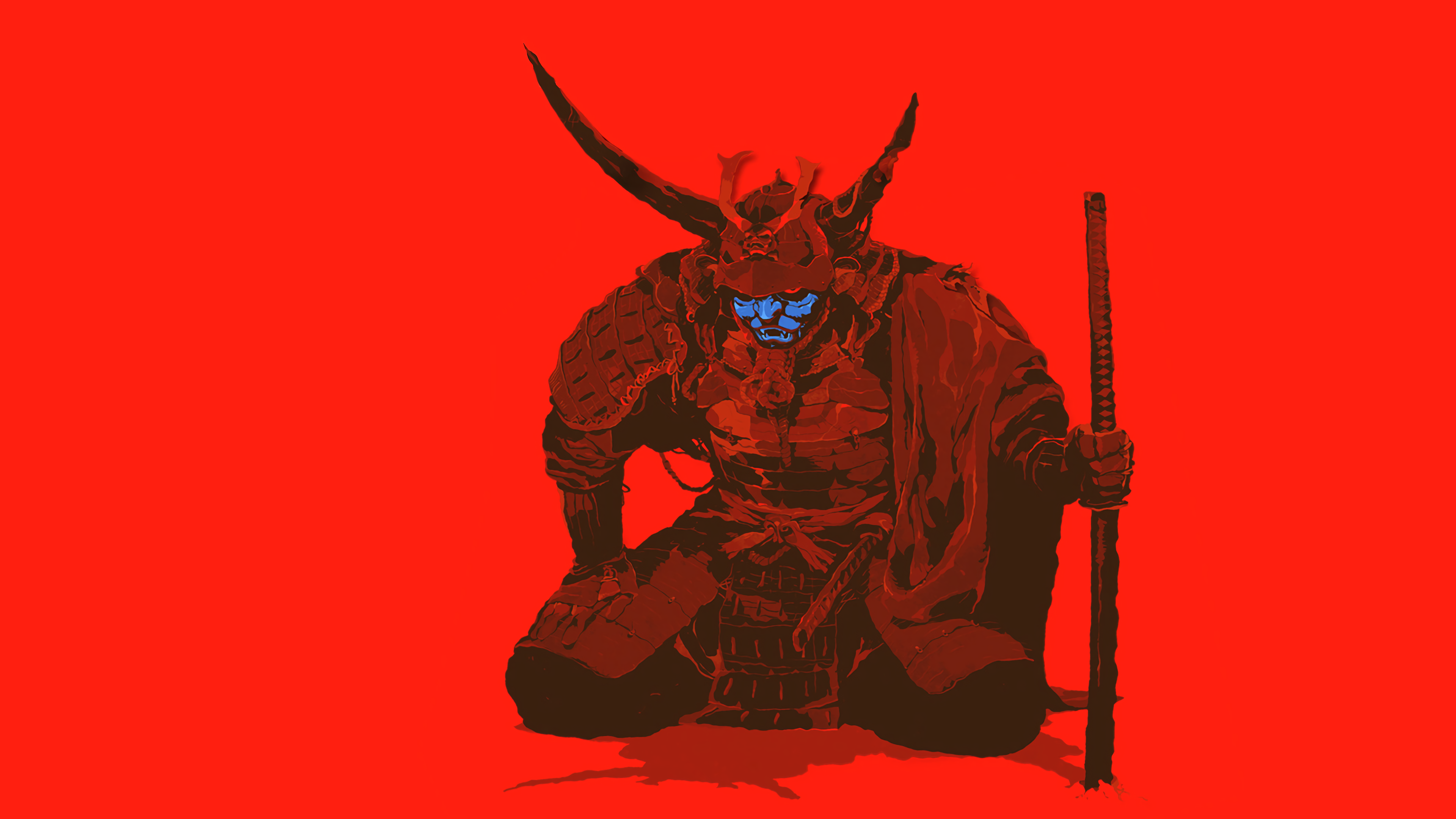General 3840x2160 samurai Japan minimalism red red background horns oni mask katana simple background fantasy art sword