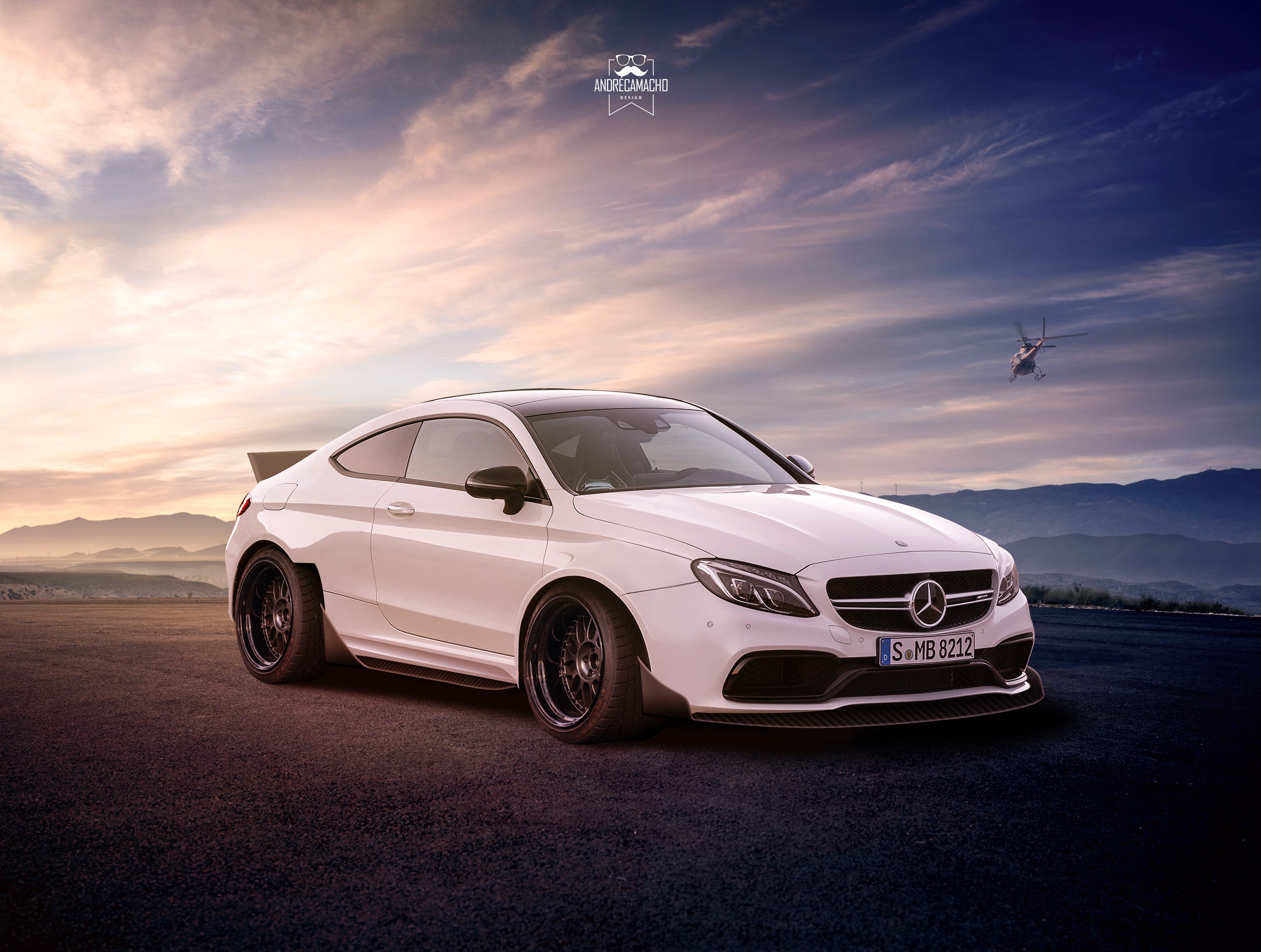 General 3805x2872 Mercedes-Benz C63 AMG vehicle numbers white cars sky helicopters clouds Mercedes-Benz