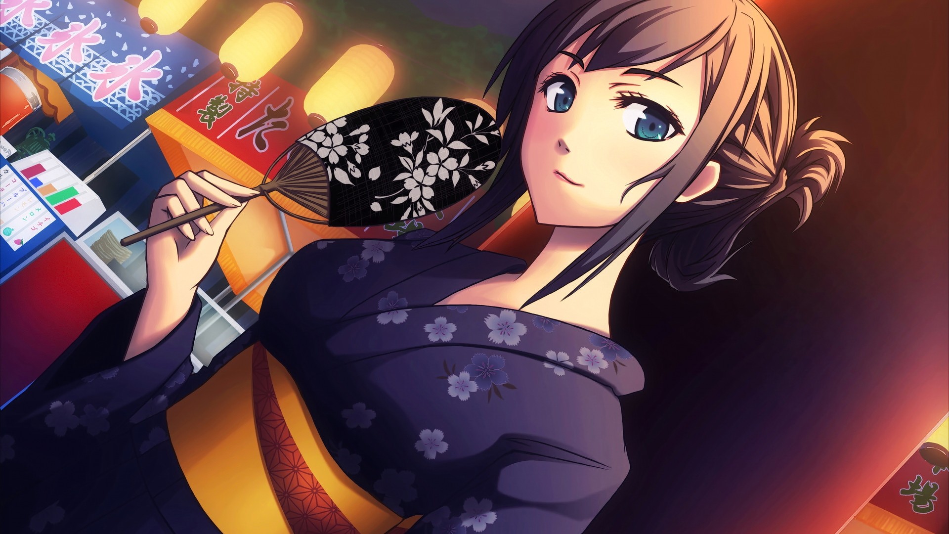 Anime 1920x1080 anime anime girls original characters Japanese clothes blue eyes long hair brunette smiling kimono looking at viewer women traditional clothing