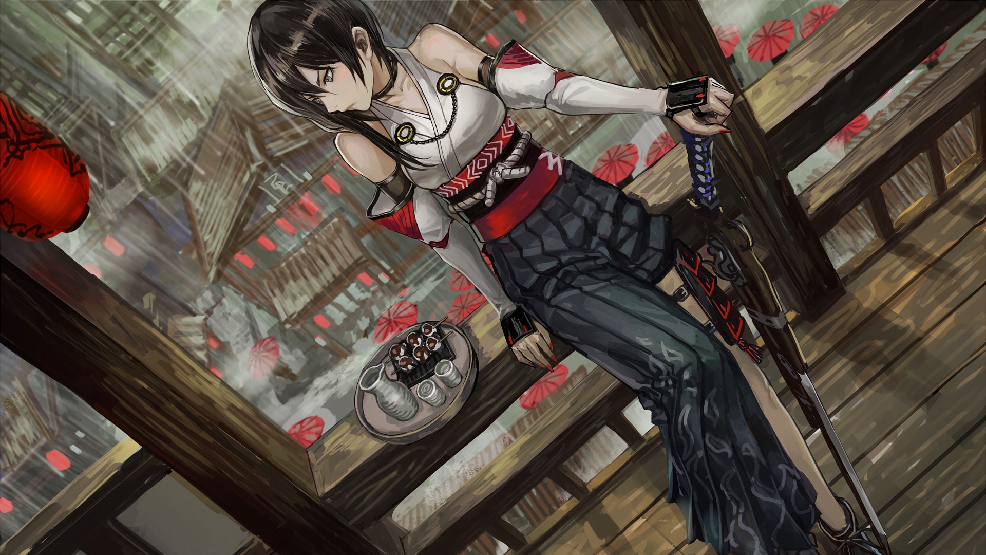 Anime 1920x1080 anime girls anime dark hair weapon rain Pixiv girls with guns red nails painted nails brunette looking away women