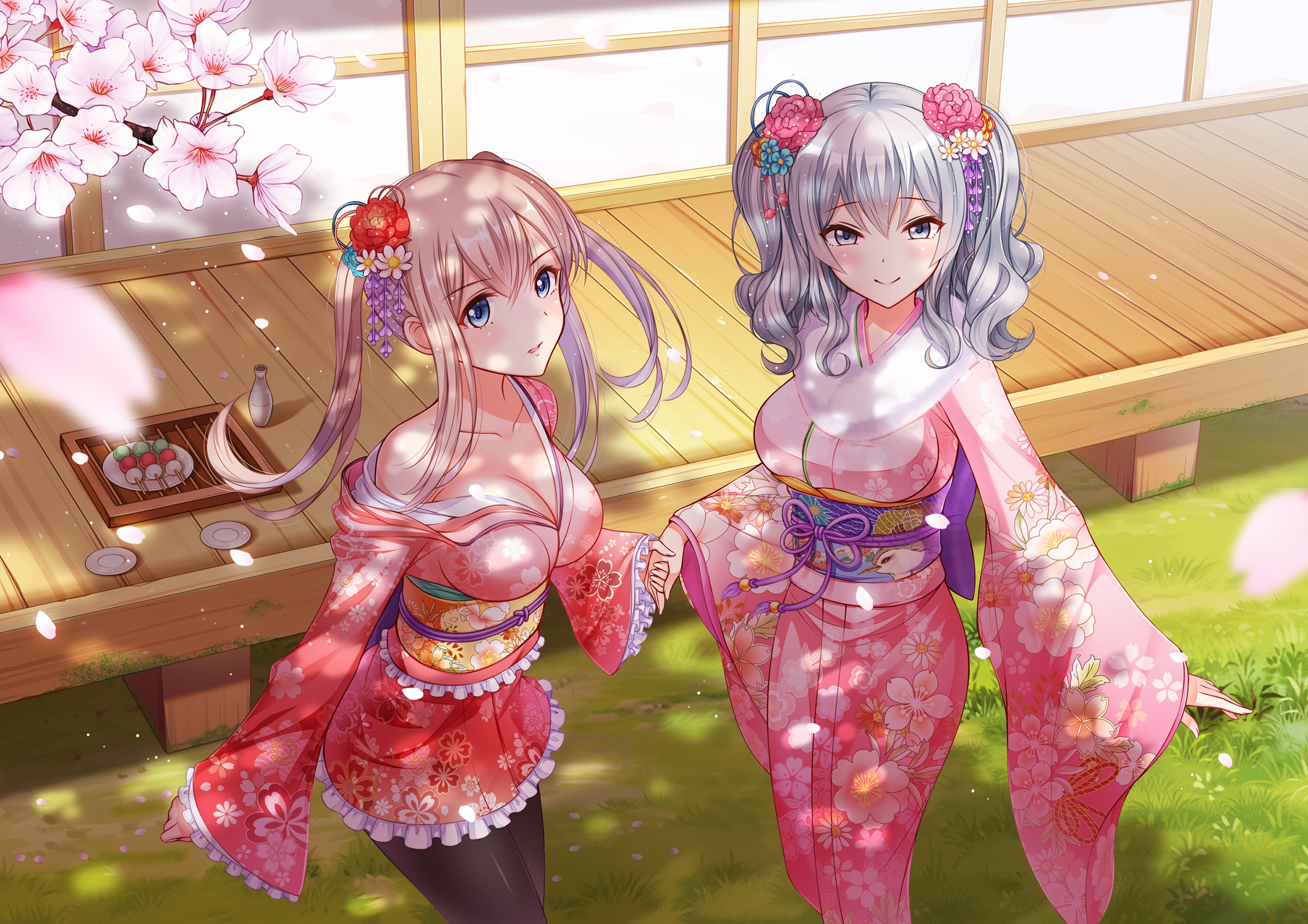 Anime 2500x1768 anime girls anime flowers flower in hair outdoors boobs two women big boobs Pixiv long hair