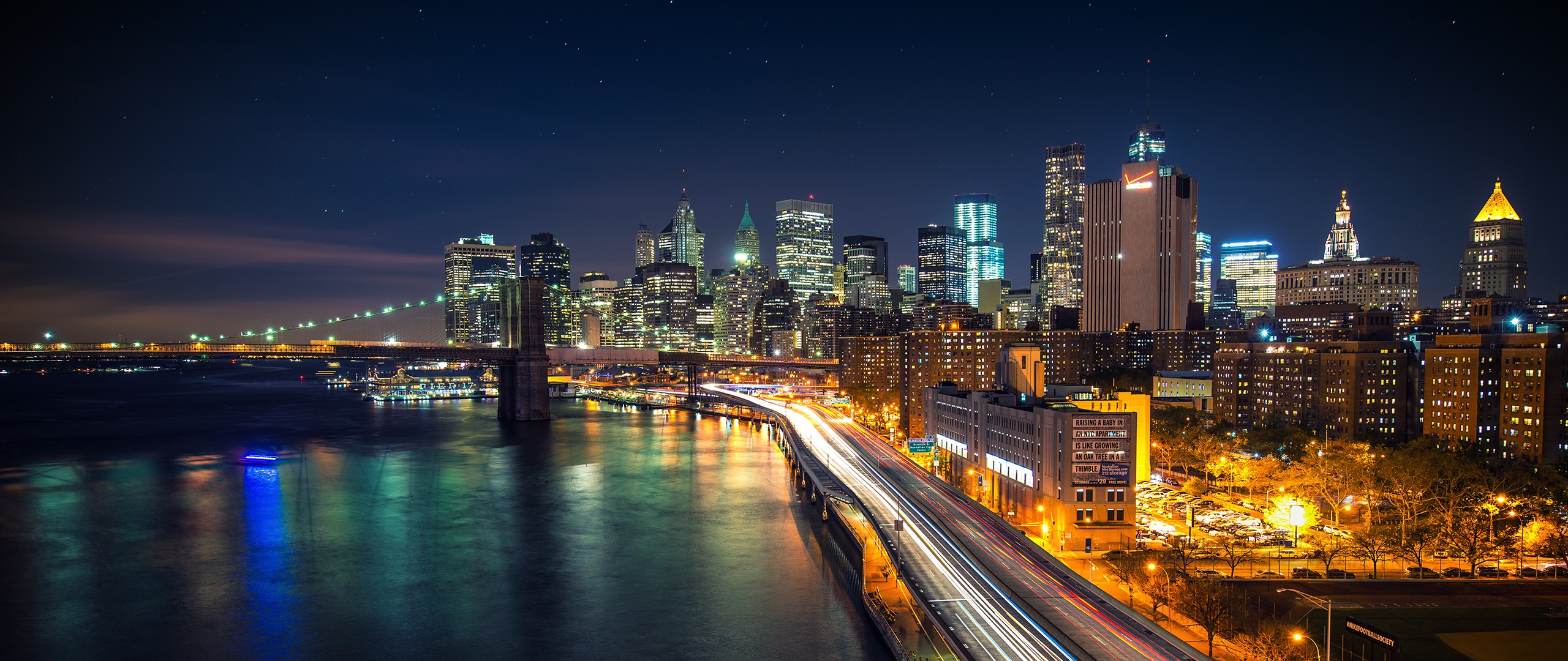 General 2560x1080 New York City long exposure city lights city Brooklyn Bridge USA cityscape night